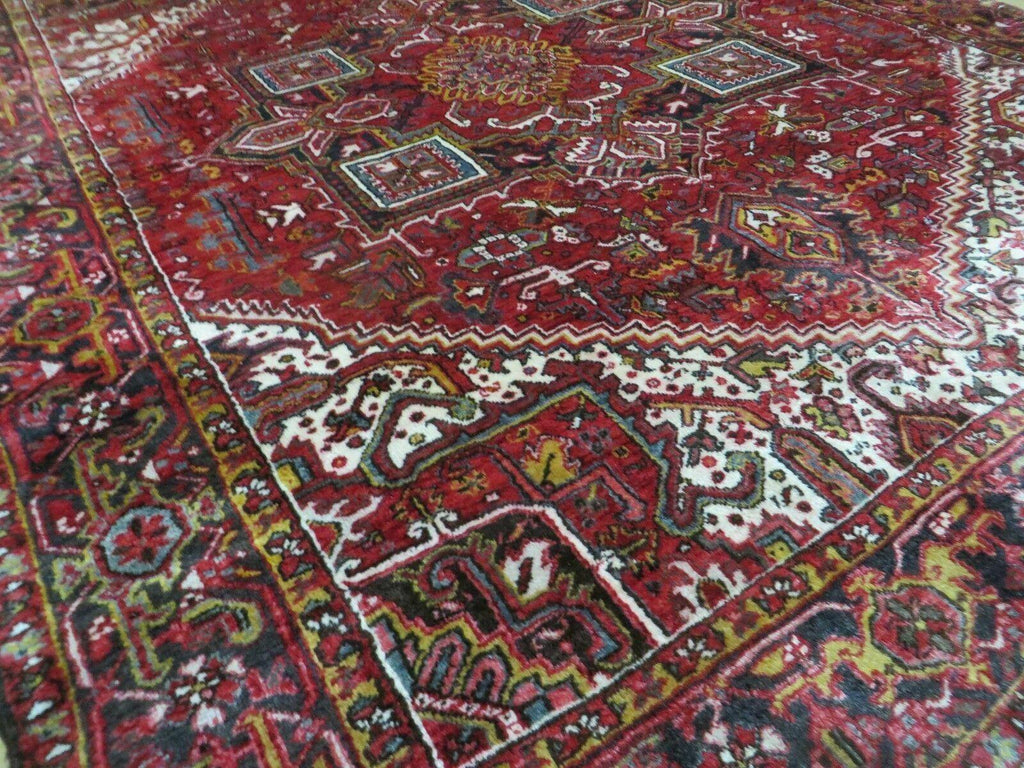 Heriz Rug 9x11, Geometric Persian Carpet Room Sized, Tribal Medallion Rug, Red Ivory Dark Blue Handmade Wool Rug for Living Room Dining Room