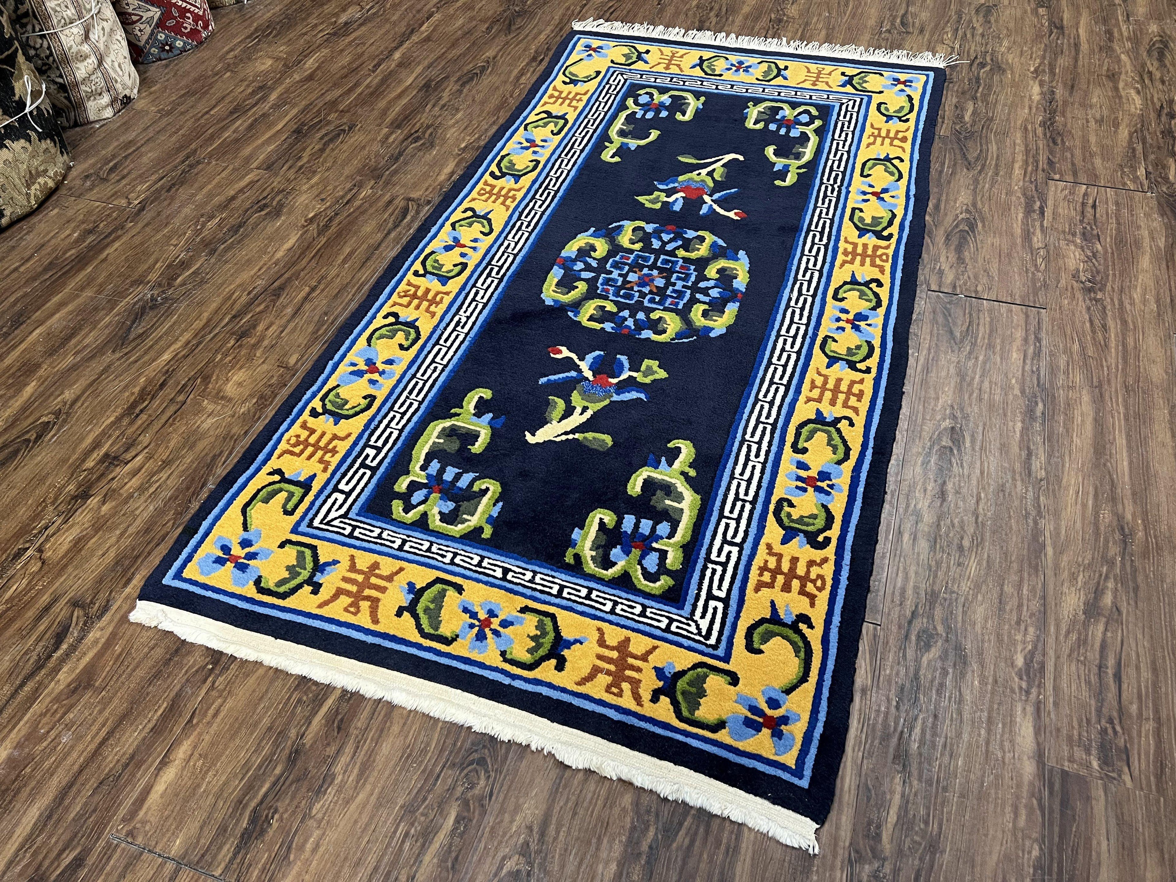 Chinese Art Deco Rug 3 x 5.9, Handmade Chinese Peking Carpet, Dark Blue and Gold, Medallion, Asian Oriental 3x6 Hand Knotted Vintage Rug