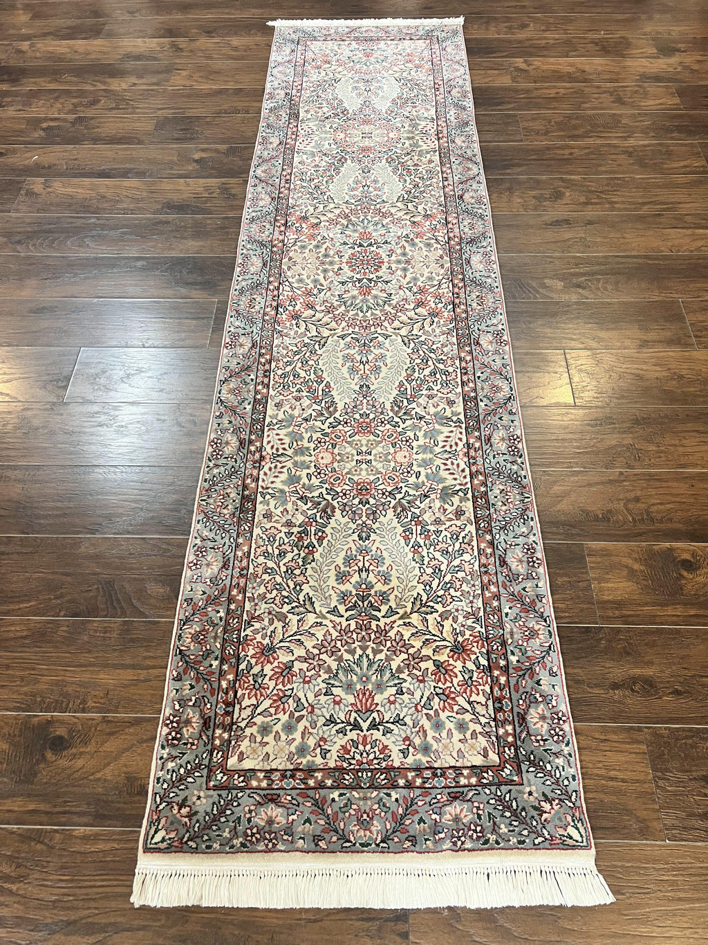 Sino Persian Runner Rug 2.7 x 10, Floral Kirman Lavar Carpet for Hallway, Cream, Handmade Wool Vintage Rug