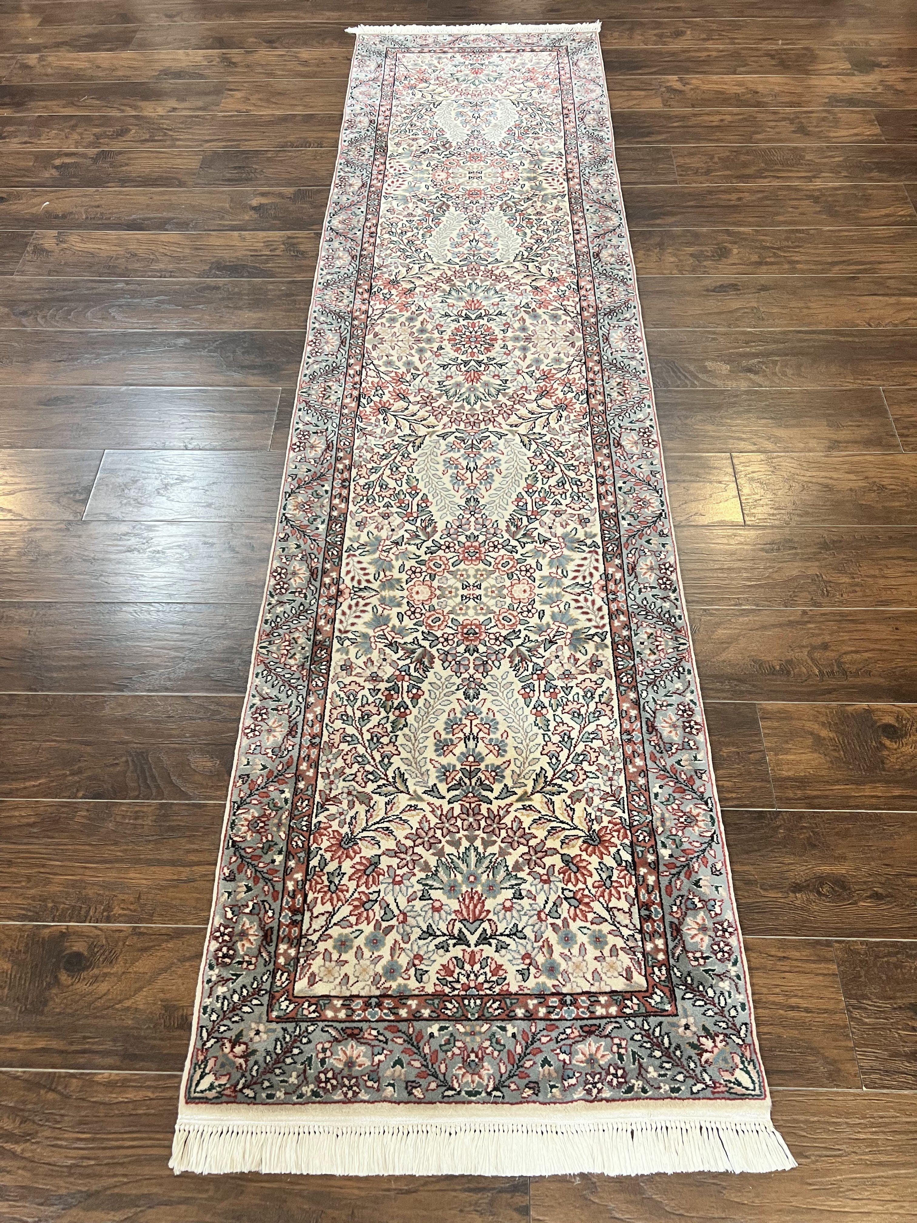 Sino Persian Runner Rug 2.7 x 10, Floral Kirman Lavar Carpet for Hallway, Cream, Handmade Wool Vintage Rug