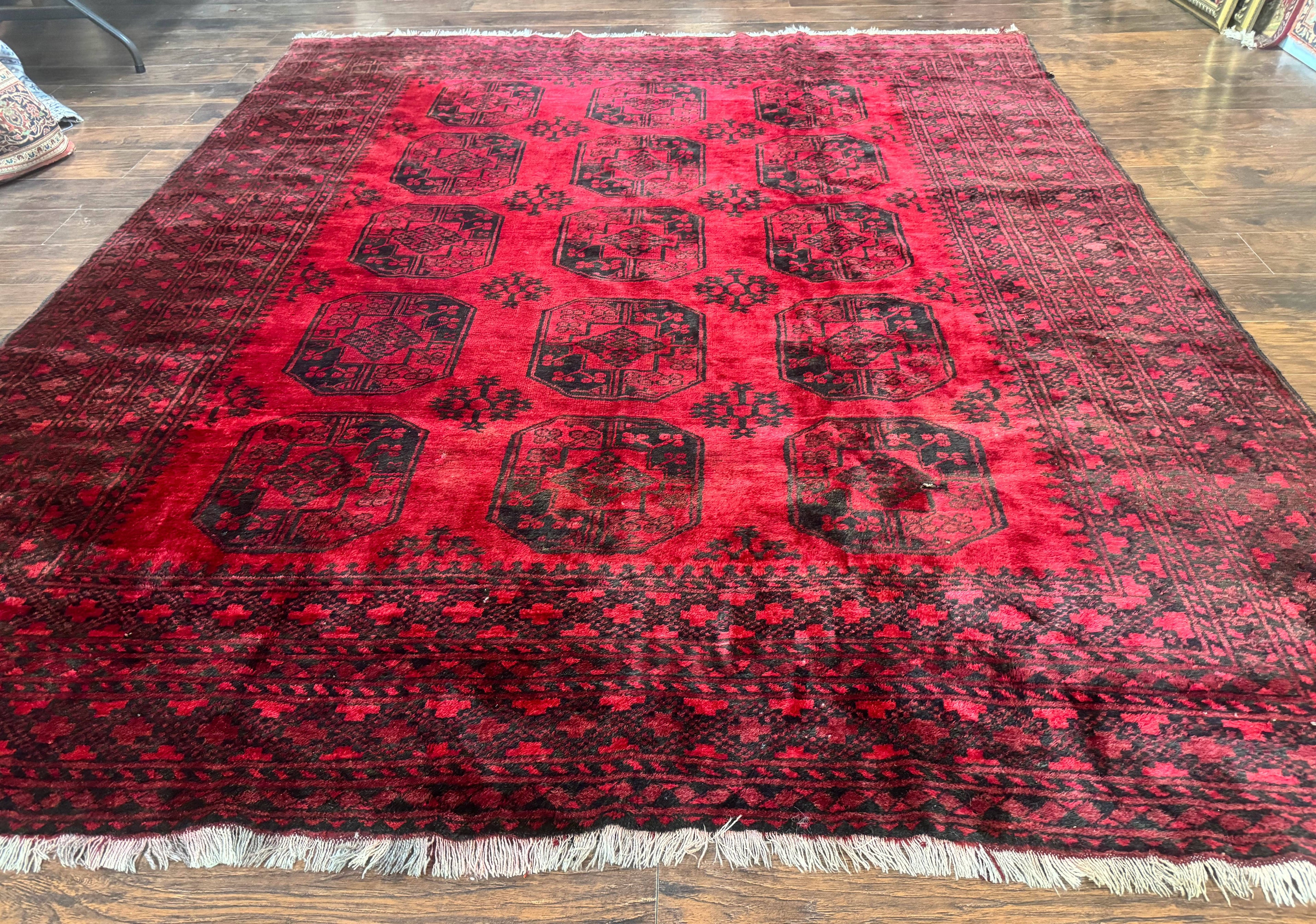 Afghan Turkoman Rug 9x10, Red Beshir Carpet, Tribal, Wool, Antique