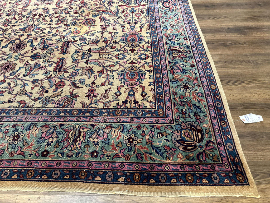 Antique Persian Rug 10x15, Camel and Cyan, Allover Pattern, Rare, Samarkand Rug
