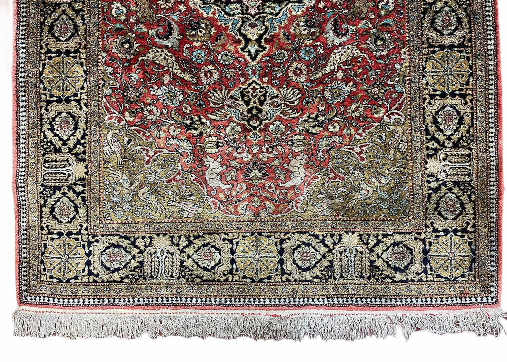 Persian Qum Silk Rug 3.8 x 5.6, Silk on Silk, Animal Pictorials, Fine 330 KPSI