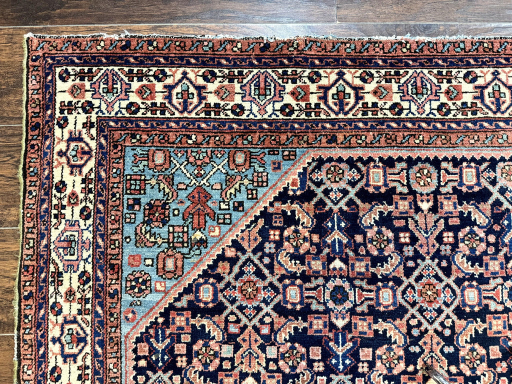 Antique Persian Rug 5 x 6.7, Navy Blue & Ivory, Handmade Persian Wool Carpet, Hamadan Angelas Rug