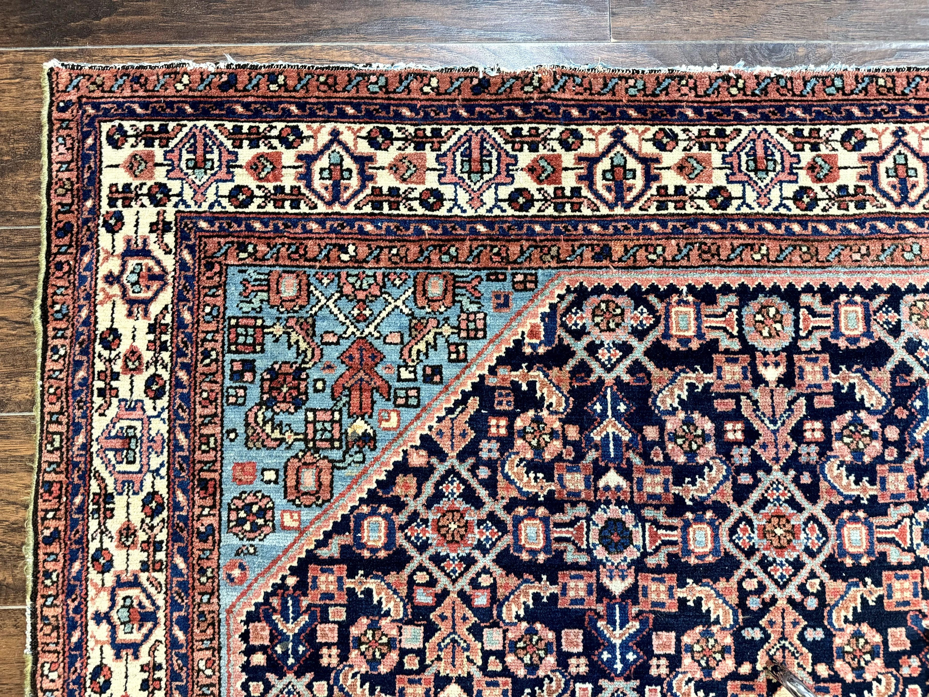 Antique Persian Rug 5 x 6.7, Navy Blue & Ivory, Handmade Persian Wool Carpet, Hamadan Angelas Rug
