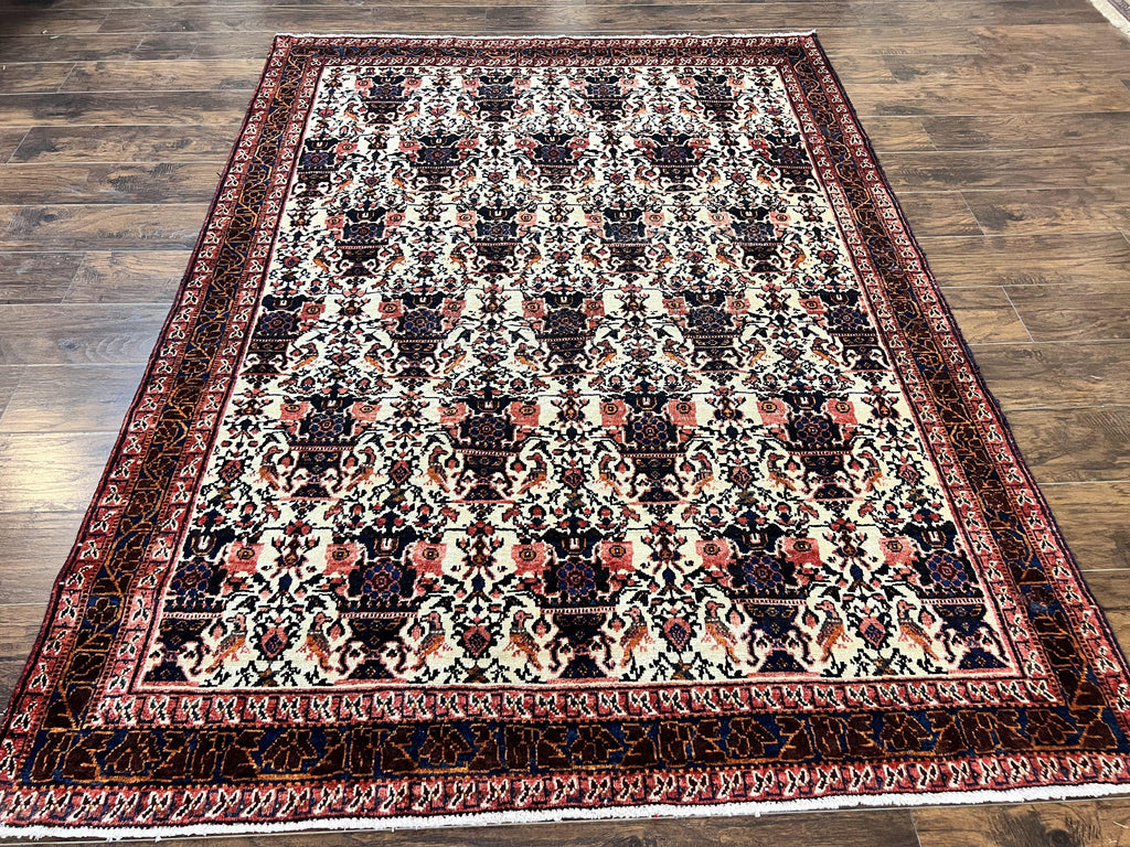 Persian Afshar Rug 6x8, Wool Hand Knotted Semi Antique Vintage Carpet, Floral Allover, Repeated Birds Flowers Vases Motifs