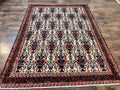 Persian Afshar Rug 6x8, Wool Hand Knotted Semi Antique Vintage Carpet, Floral Allover, Repeated Birds Flowers Vases Motifs
