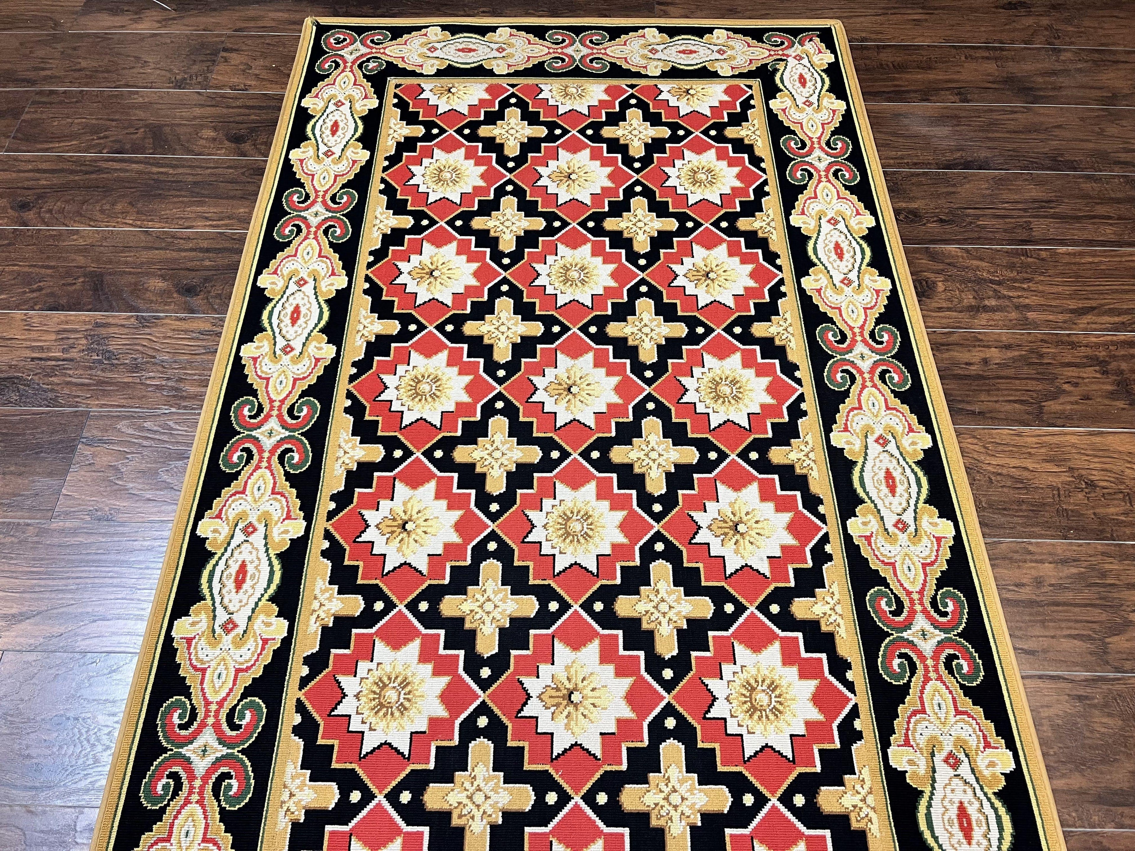Runner Rug 4x19, Panel Design Rug, Custom Made Stark Runner Carpet, Wool, Vintage 4 x 19 Hallway Rug, European Design, Red Black Ivory Tan