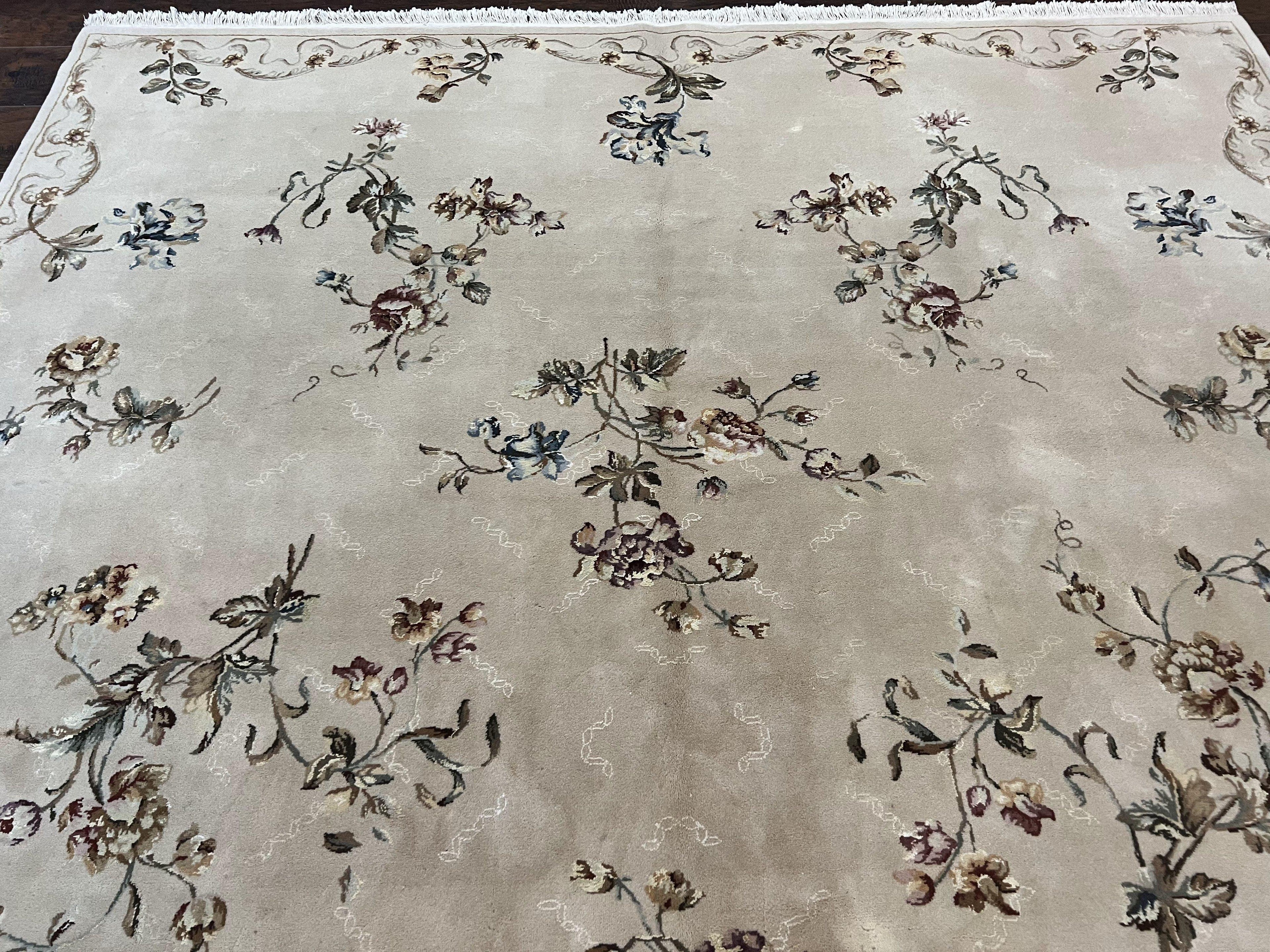 Chinese 120 Line Rug 8x10, Chinese Aubusson Wool & Silk Highlights Handmade Vintage Carpet, Beige Fine Weave Rug, Floral European Design