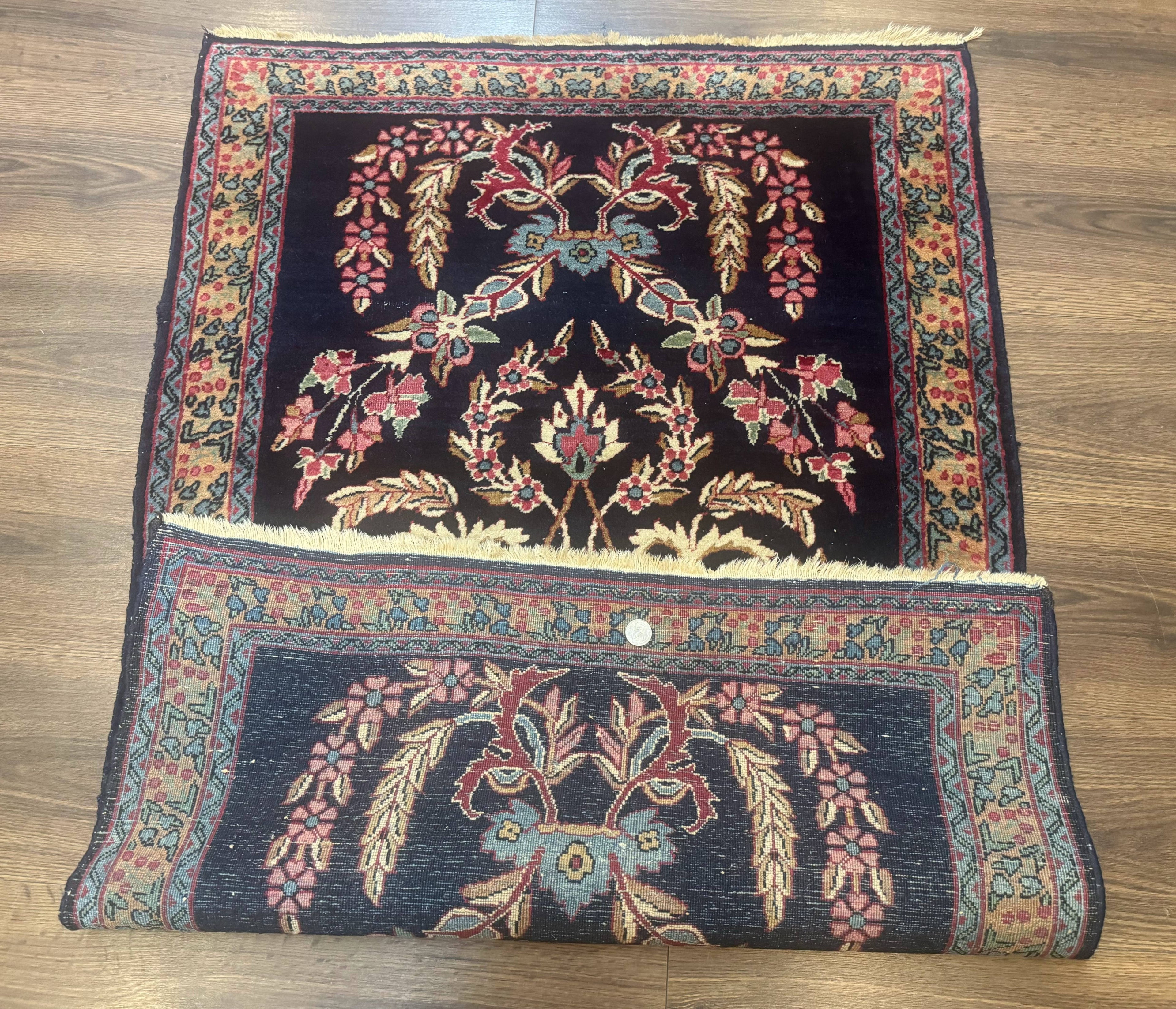 Antique Persian Kerman Rug 2.8 x 4, Navy Blue, Floral