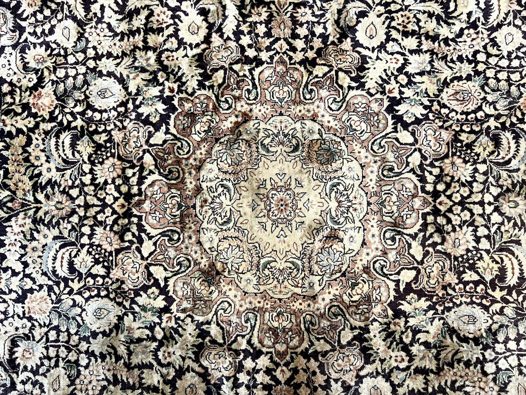 Silk Indian Kashmiri Rug 8x10, Floral Medallion, Indo Persian Carpet, Handmade Vintage Silk Rug