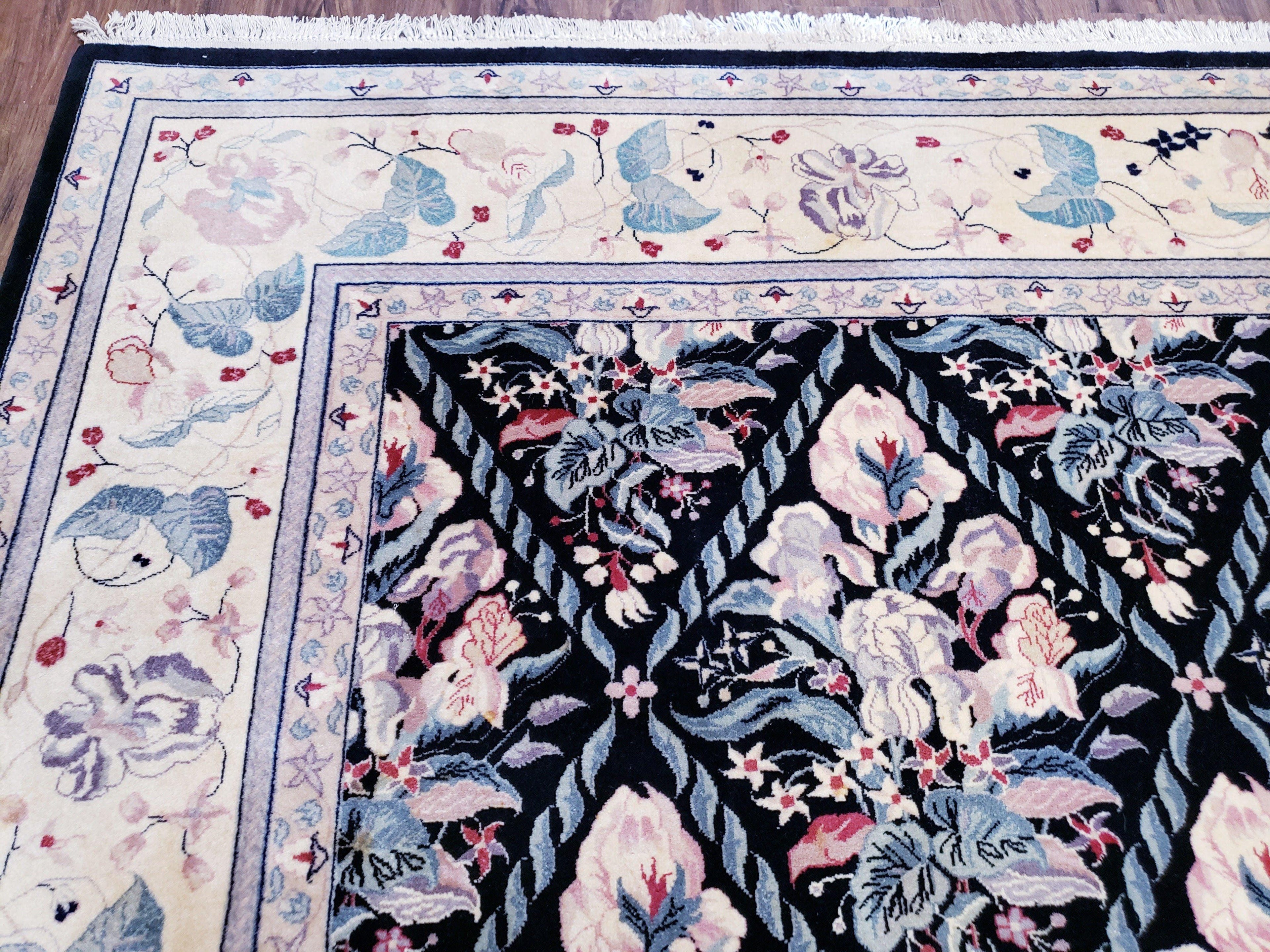 Sino-Persian Kirman Rug 9x12 Floral Handmade Wool Carpet Black & Ivory Vintage