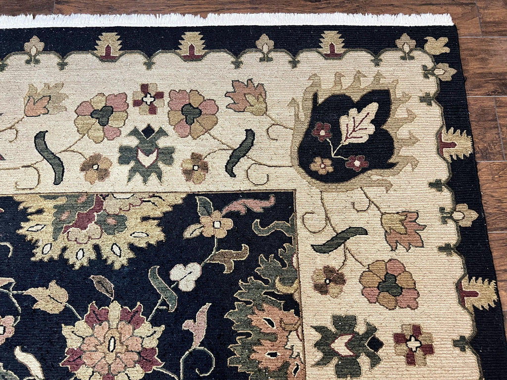 Indo Persian Rug 10x14, Wool Handmade Room Sized Floral Oriental Carpet, Indian Mahal Flatweave Rug, Black Beige