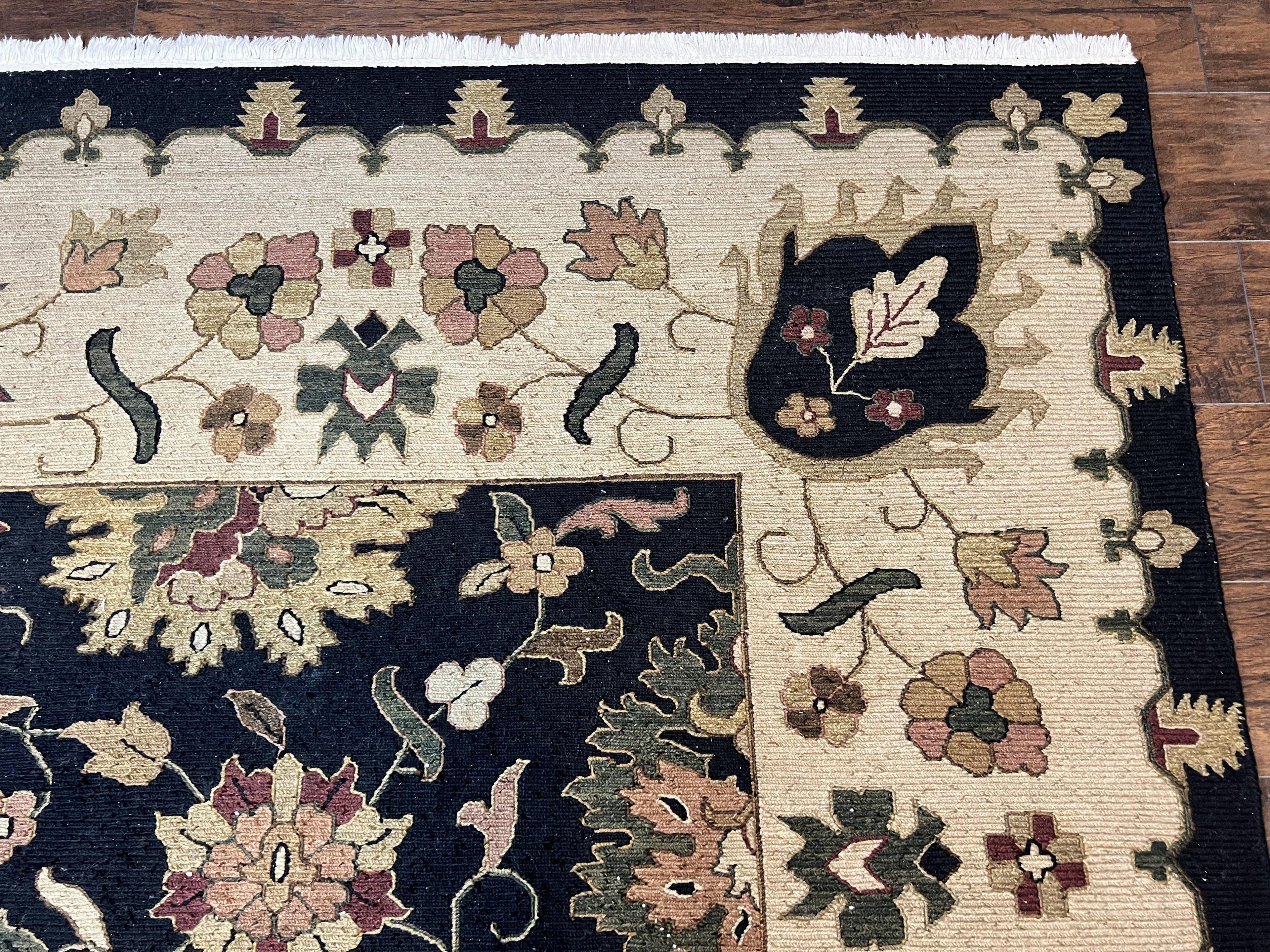 Indo Persian Rug 10x14, Wool Handmade Room Sized Floral Oriental Carpet, Indian Mahal Flatweave Rug, Black Beige