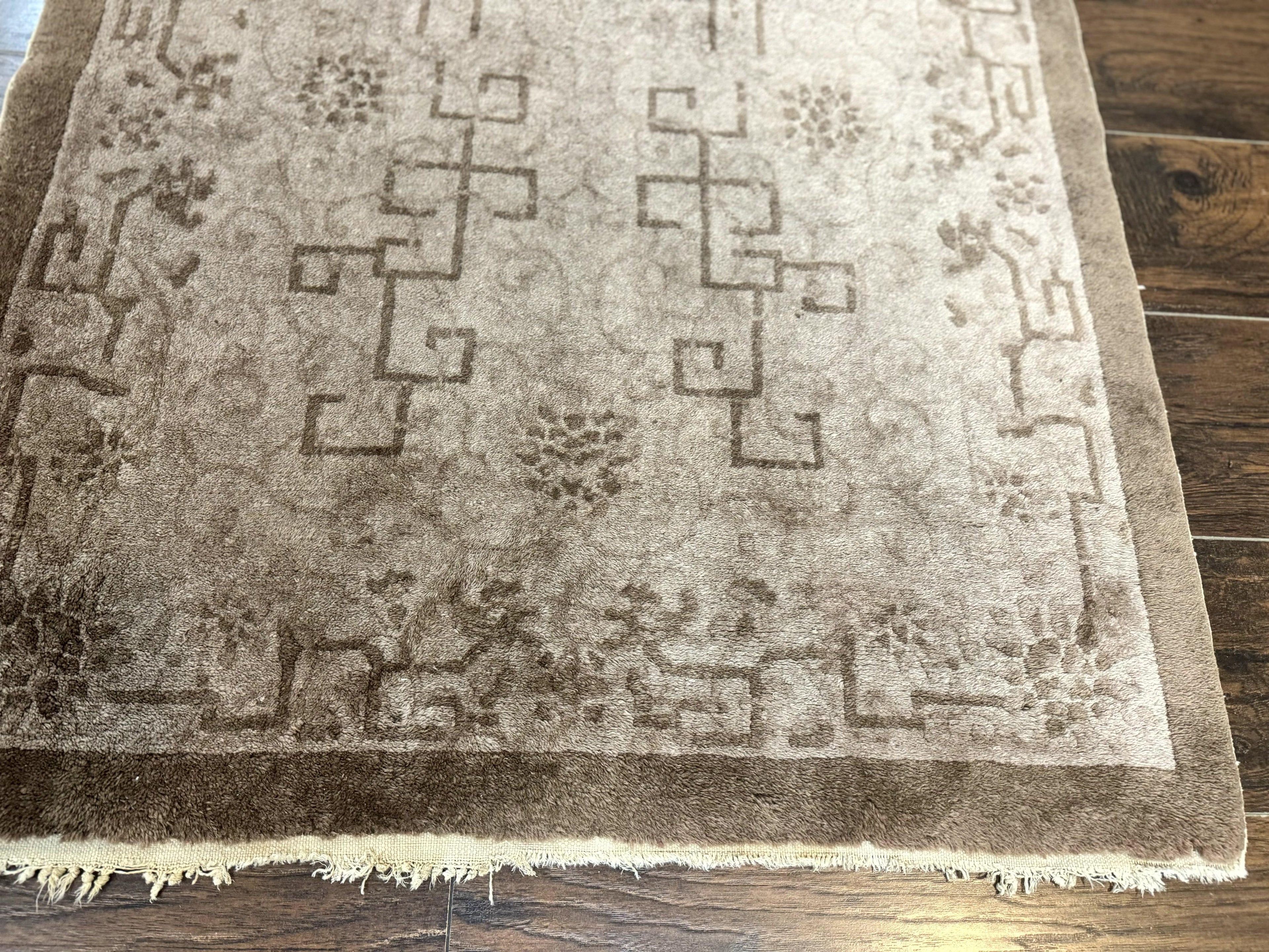 Antique Chinese Fette Rug 3x6, Taupe, Handmade Wool Chinese Carpet