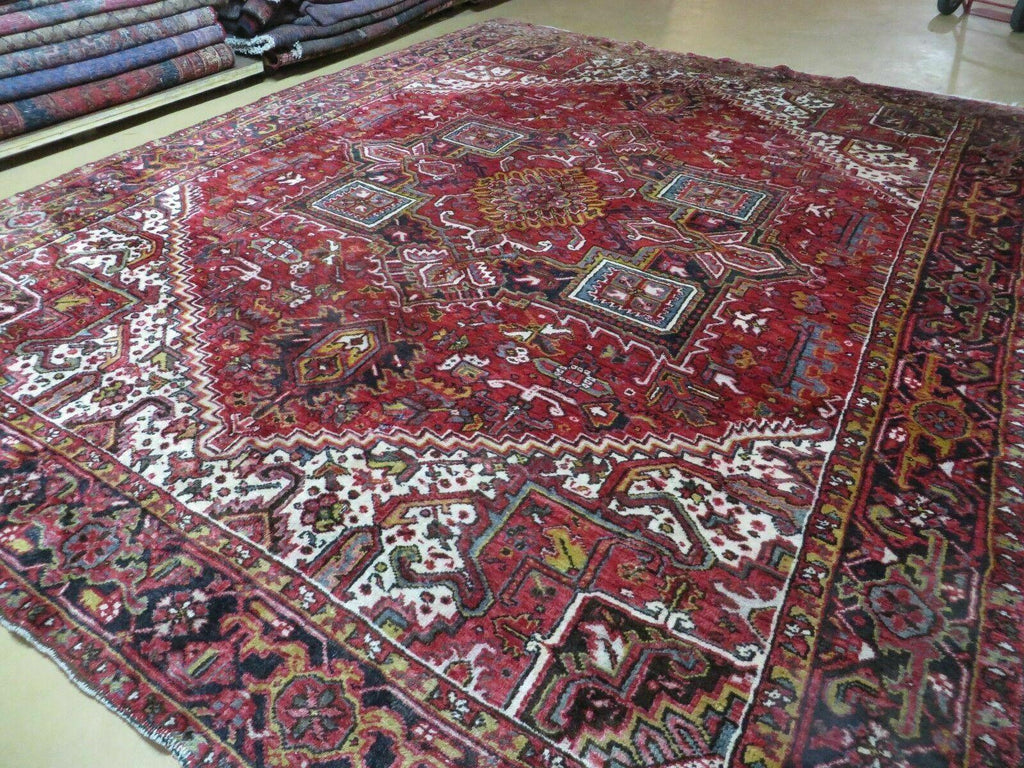 Heriz Rug 9x11, Geometric Persian Carpet Room Sized, Tribal Medallion Rug, Red Ivory Dark Blue Handmade Wool Rug for Living Room Dining Room
