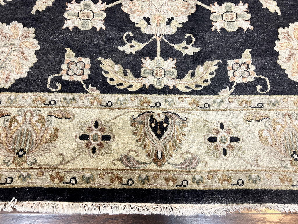 Indo Mahal Rug 8x10, Black and Beige, Vintage Rug 8 x 10 ft, Floral, Handmade Wool Carpet