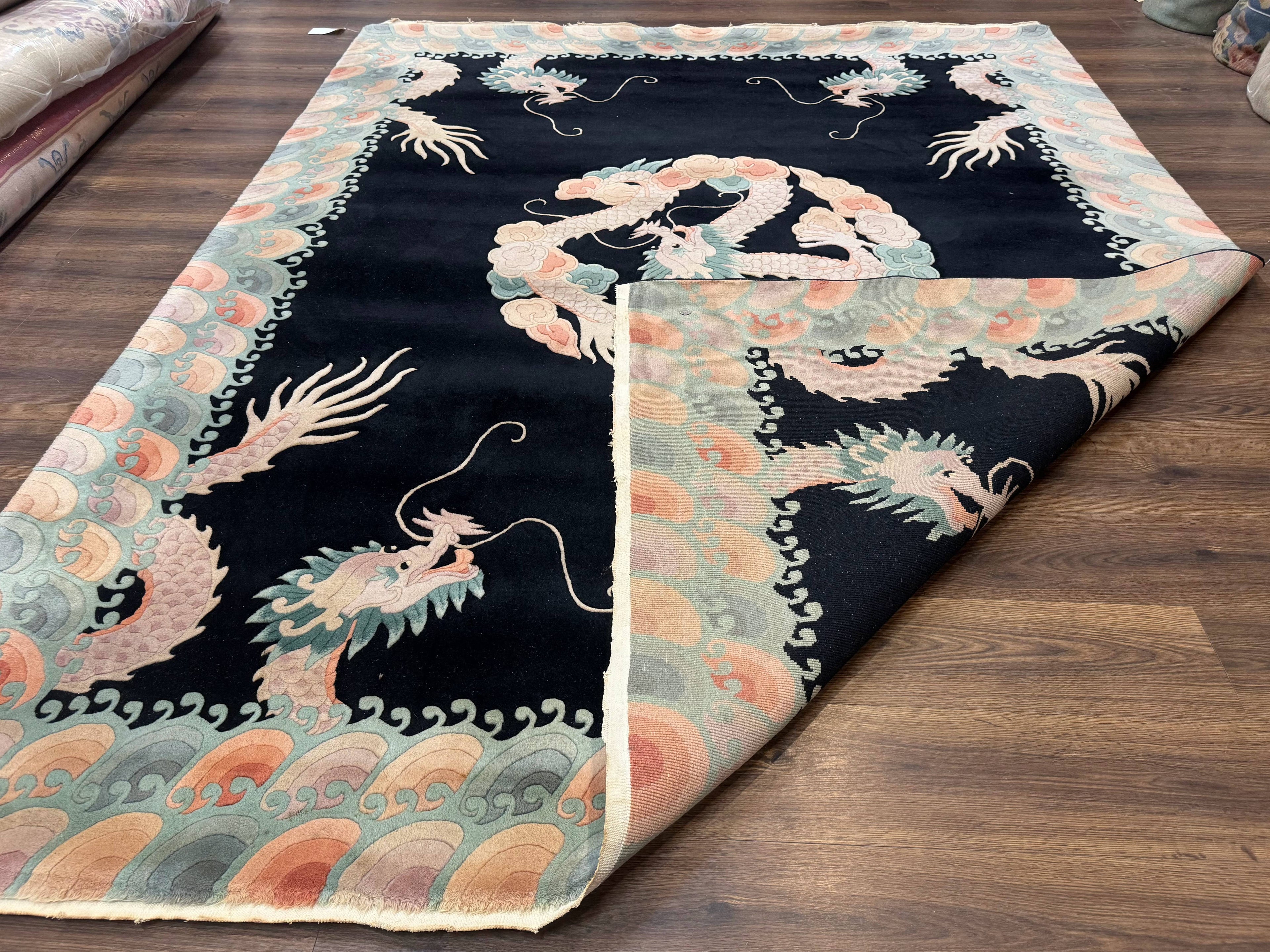 Black Chinese Wool Rug 8x10 with Dragons, Rainbow Borders, Rare