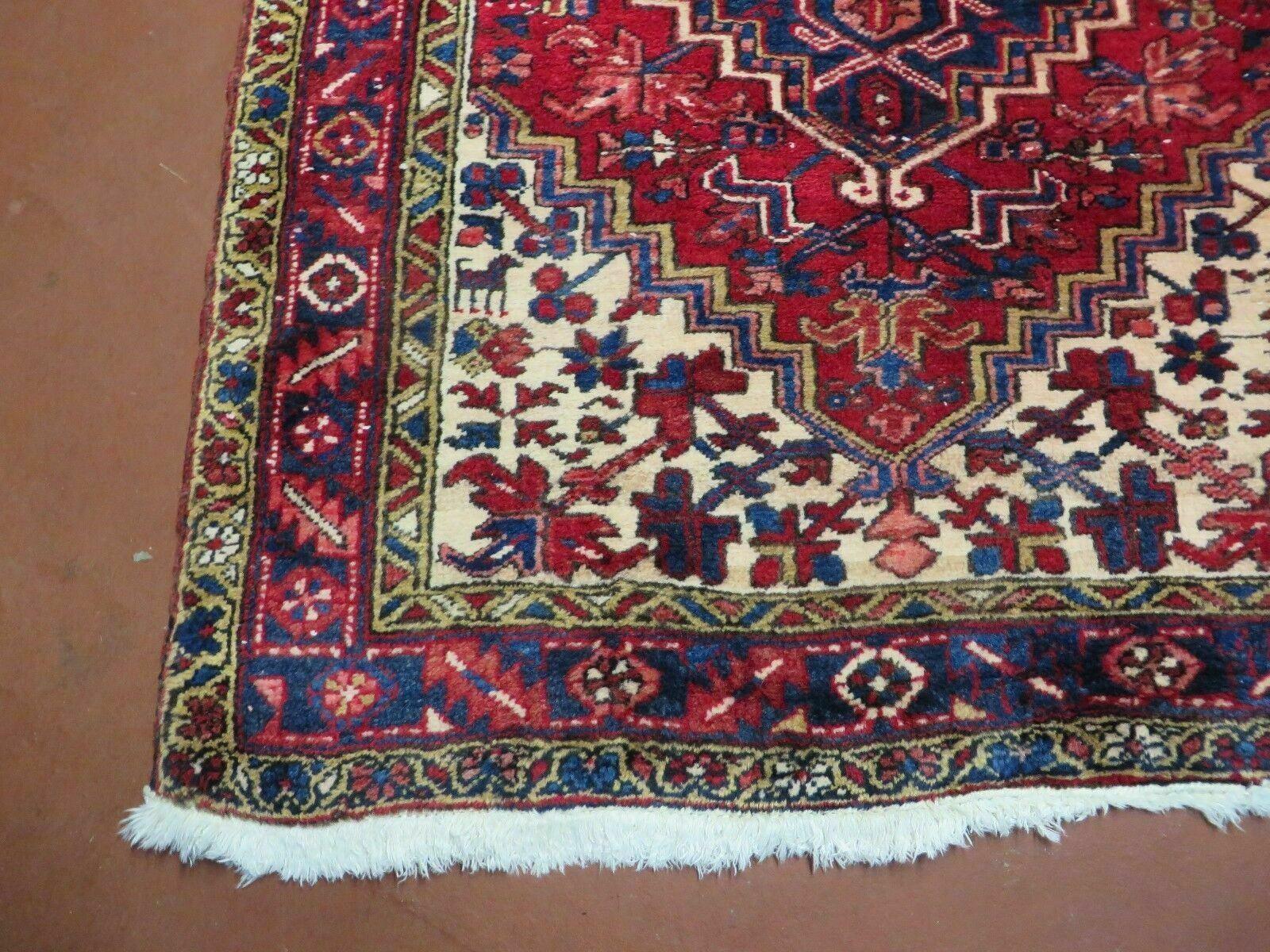 Persian Runner Rug, Heriz Runner Rug, Geometric Medallions, Red Cream Navy Blue Wool Hallway Rug 3.9 x 10.8 Antique Oriental Runner Handmade