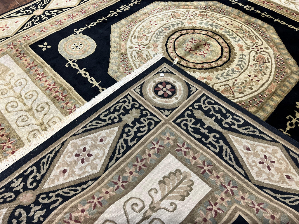 Tibetan Rug 8x10, Nepali Area Rug, Soft New Zealand Wool Carpet 8 x 10 ft, Black Tan Beige, Vintage Handmade Rug, French Aubusson Pattern