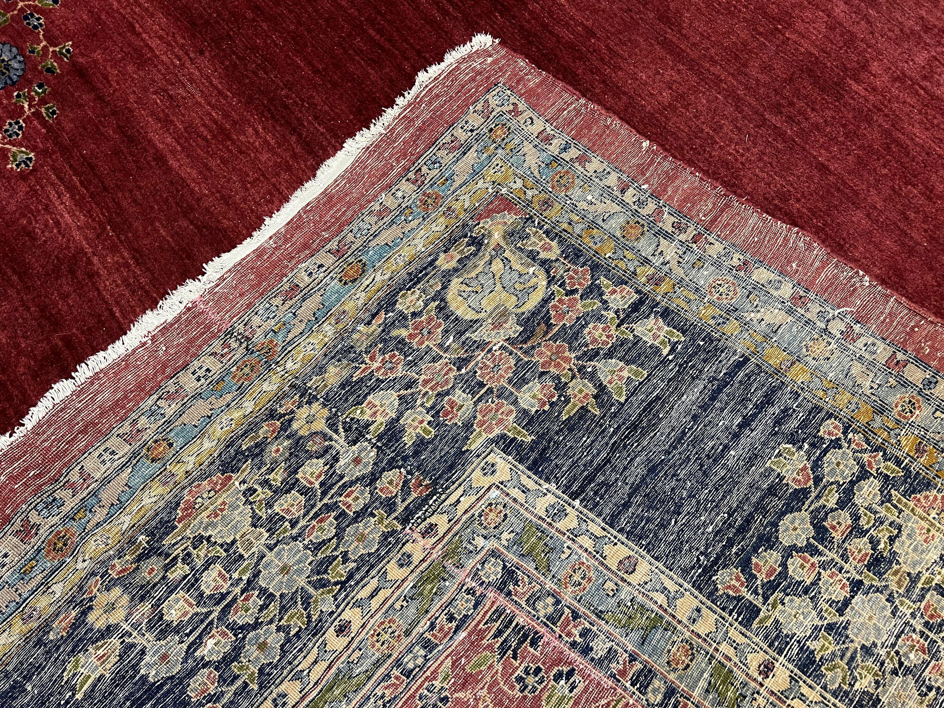Large Persian Sarouk Rug 10x17, Open Field, Red and Navy Blue, Palace Sized Oversized Hand Knotted Wool Oriental Carpet Flowers Vases Antique 1920s