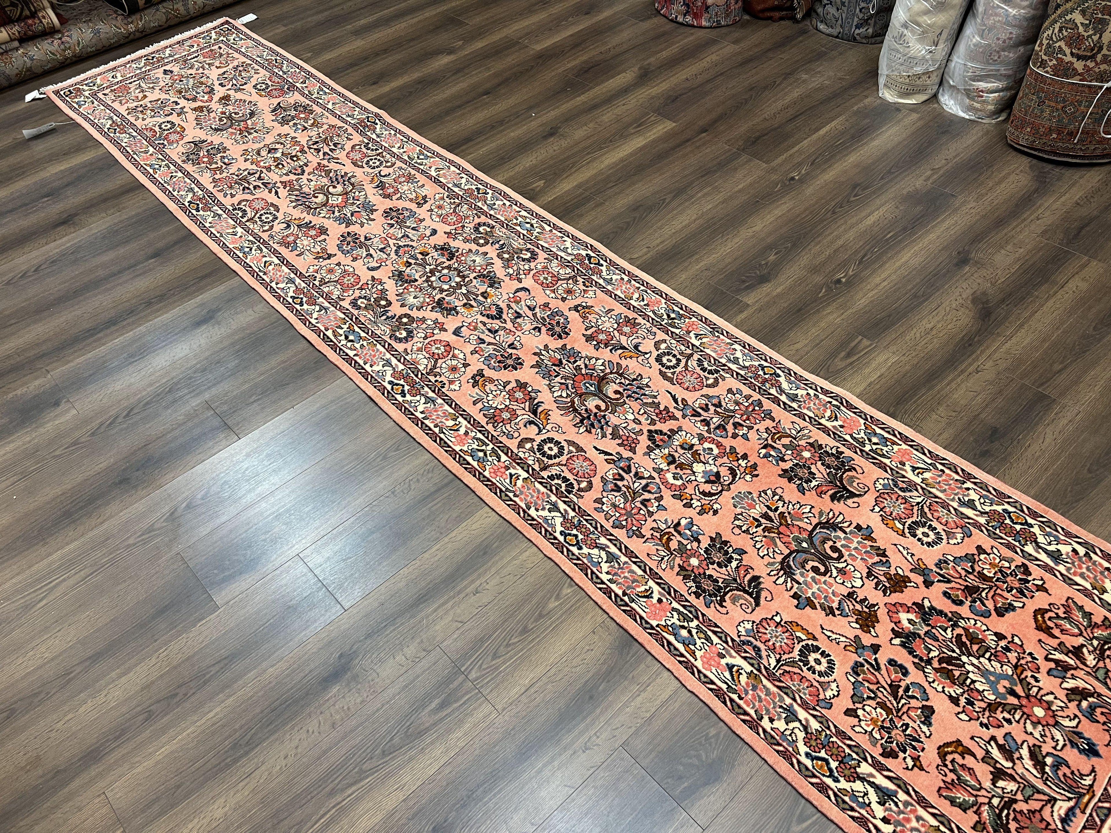 Persian Sarouk Runner Rug 2.9 x 13.6, Wool Floral Hand Knotted Runner