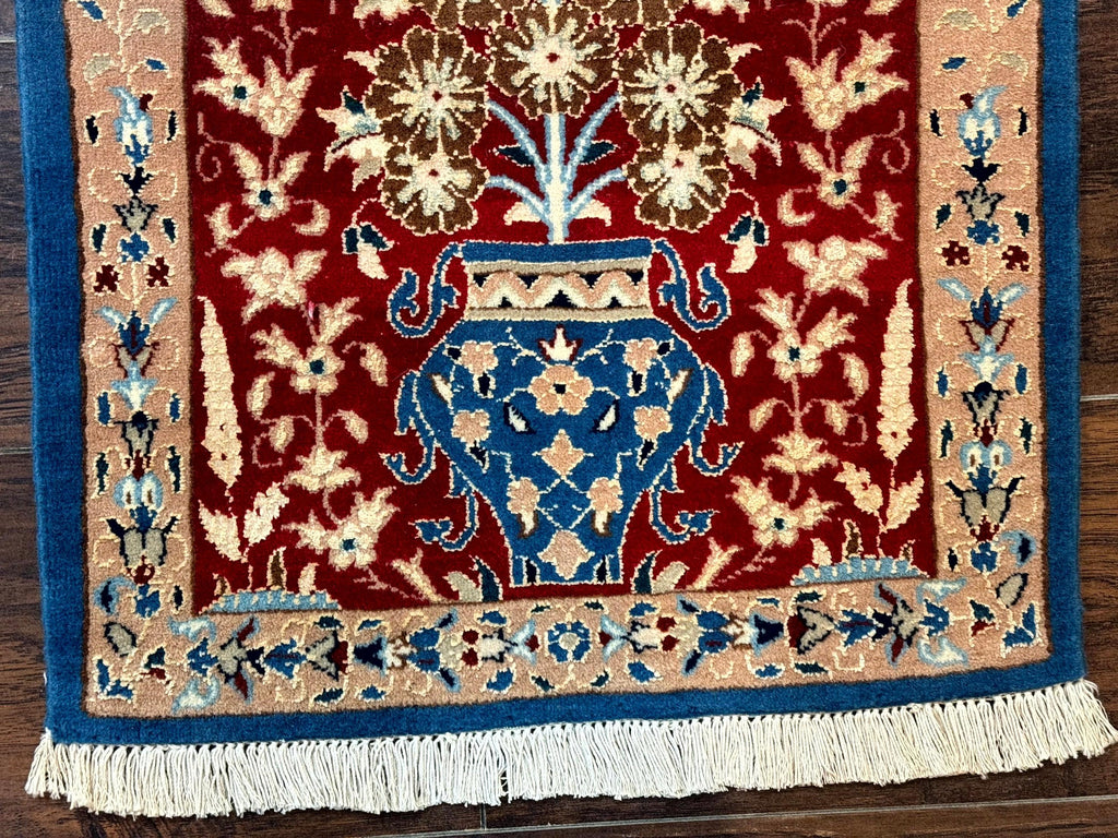 Small Persian Nain Rug, Persian Vase Tree of Life Design, Red and Blue, Very Fine 260 KPSI, Wool and Silk Highlights