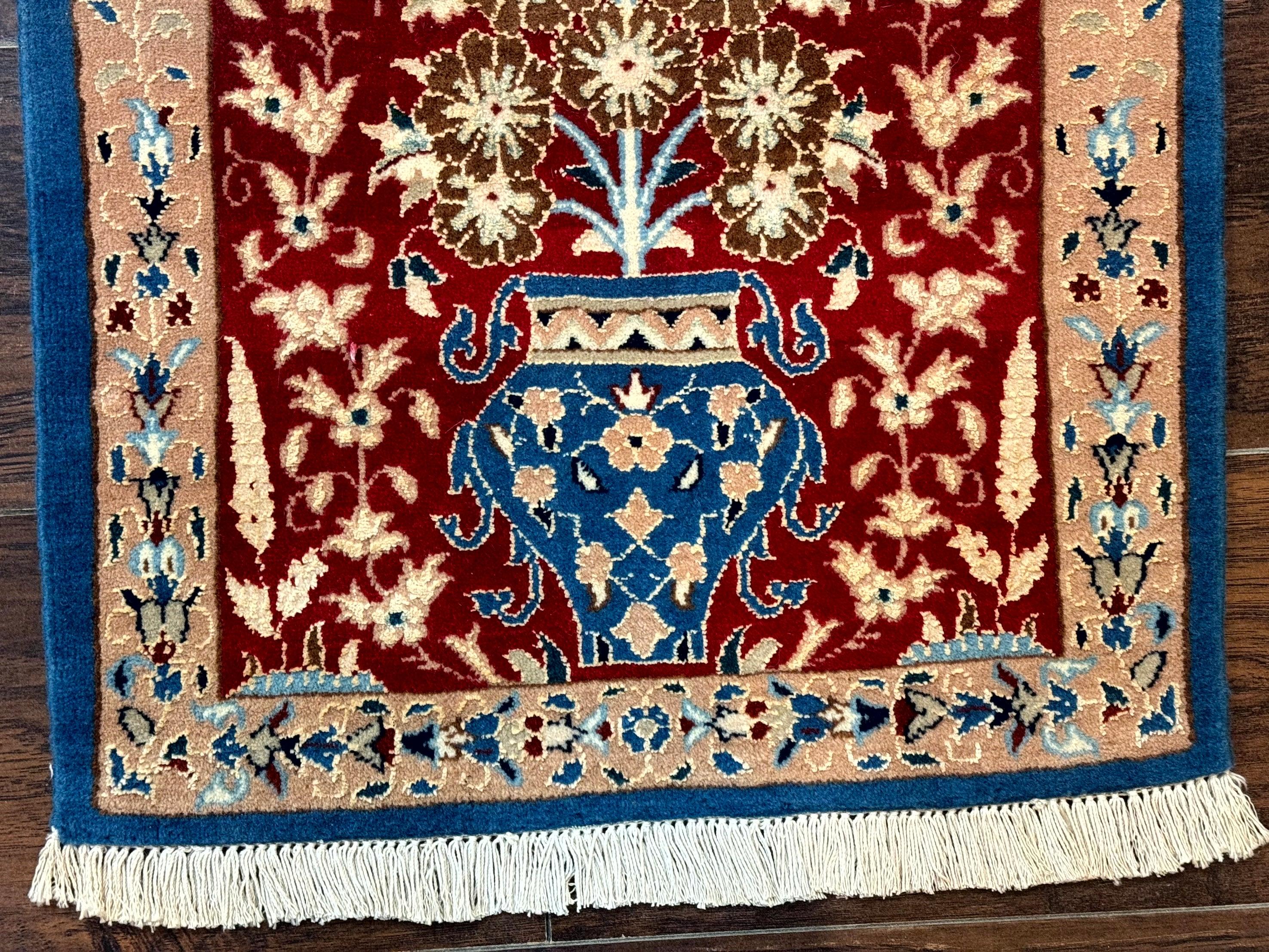 Small Persian Nain Rug, Persian Vase Tree of Life Design, Red and Blue, Very Fine 260 KPSI, Wool and Silk Highlights