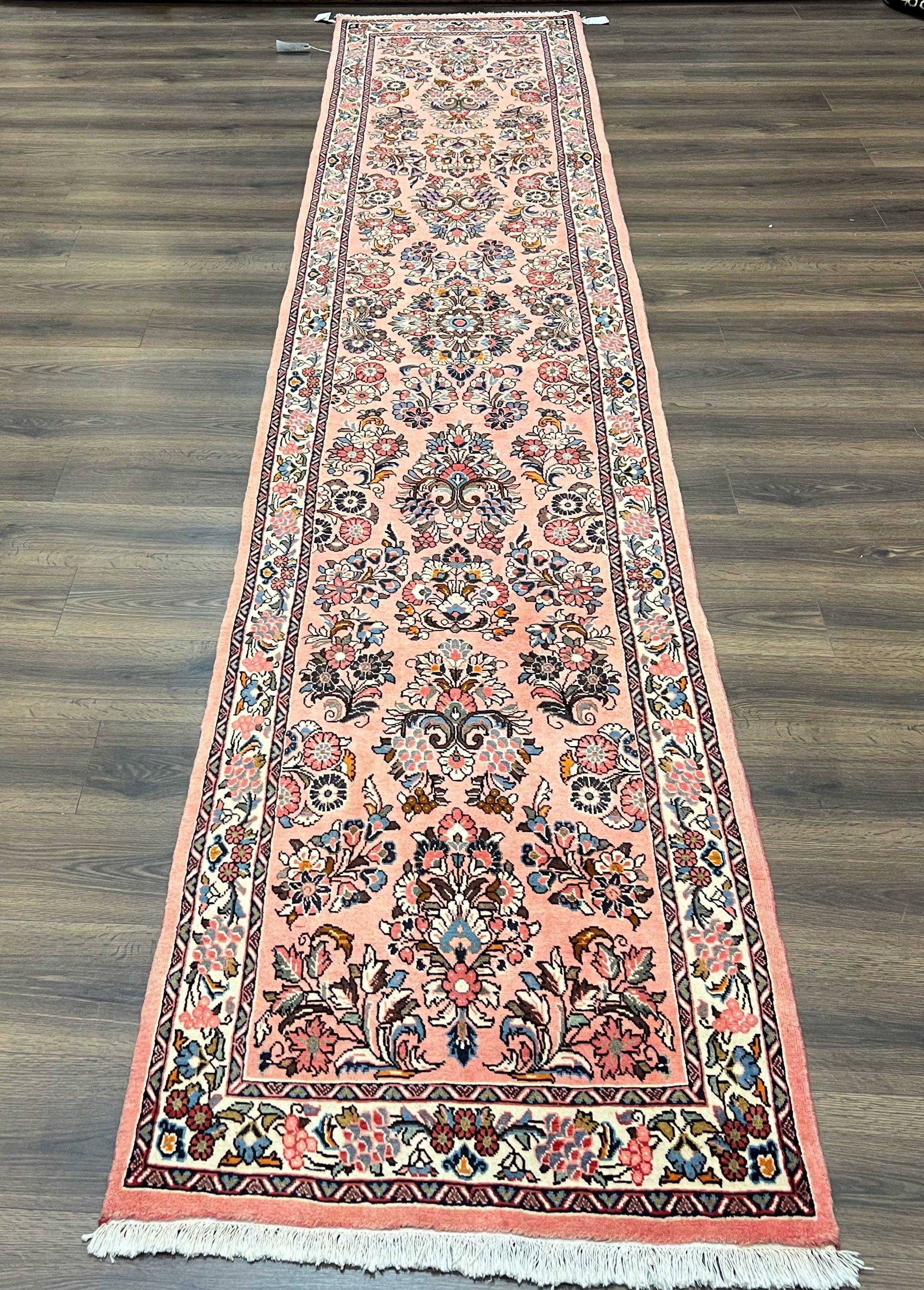 Persian Sarouk Runner Rug 2.9 x 13.6, Wool Floral Hand Knotted Runner