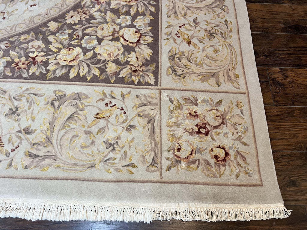 Aubusson Rug 10x14, Wool & Silk Highlights Hand Knotted Vintage Carpet, Birds Flowers, Fine Details, Elegant