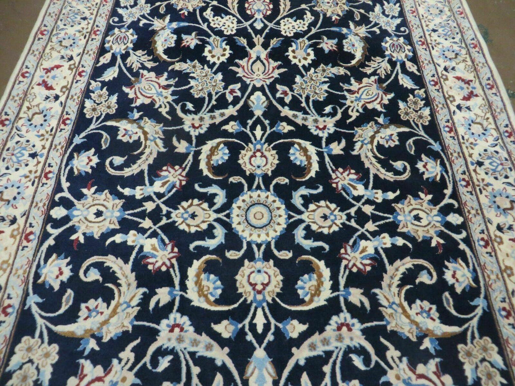 Persian Nain Rug 4x7, Navy Blue and Ivory, Handmade, Wool & Silk Highlights, Fine Oriental Rug, Vintage