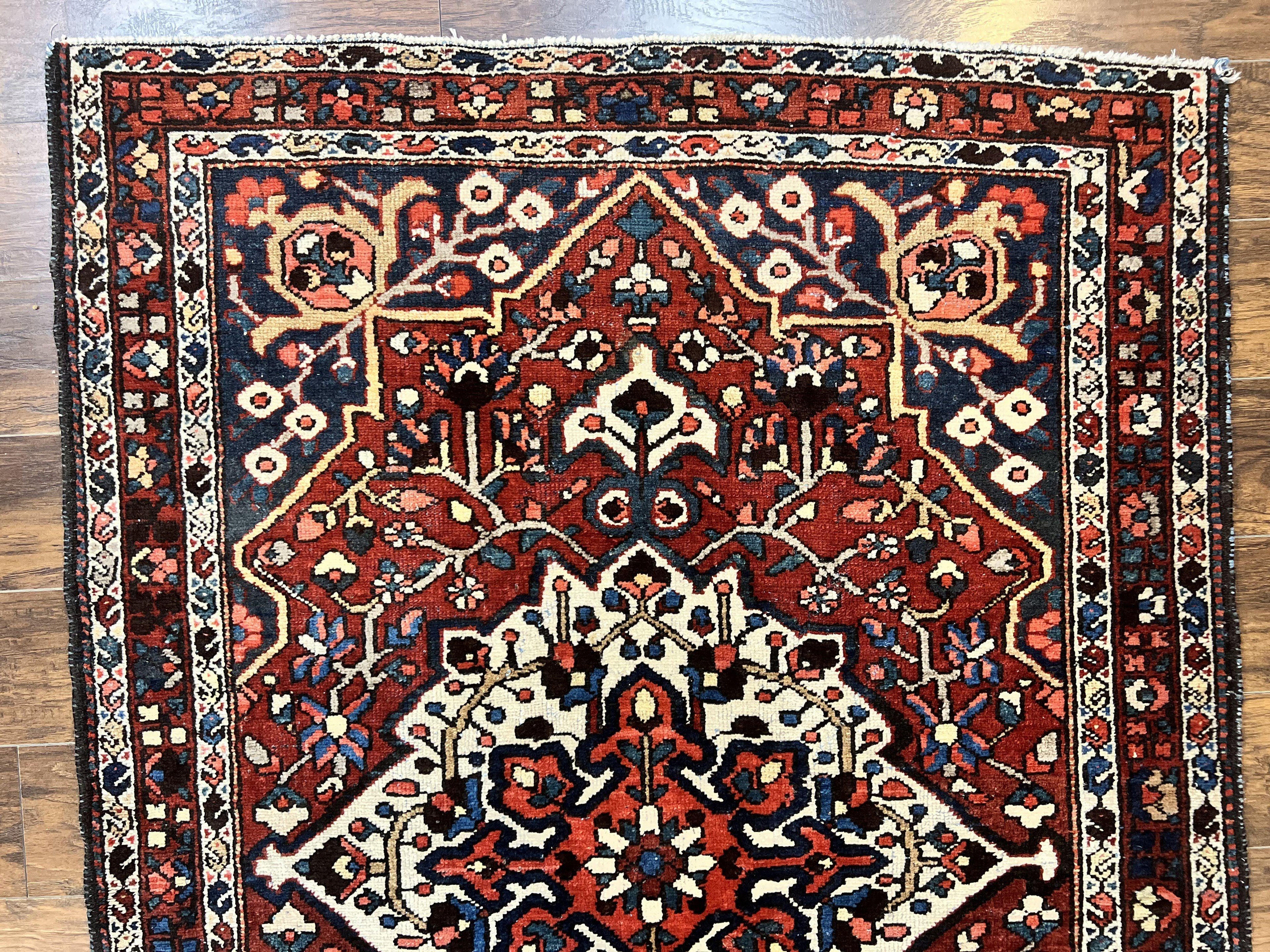 Persian Bakhtiari Rug 5 x 6.6, Tribal Geometric Carpet, Red Ivory, Handmade Wool Medium Sized Oriental Rug, Semi Antique Vintage