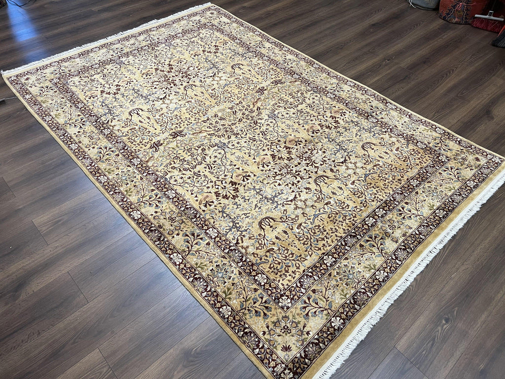 Pretty Indo Persian Rug 6x9, Allover Floral Motif with Birds, Tan/Cream, Very Fine Oriental Carpet, Hand Knotted Vintage Indian Wool Rug