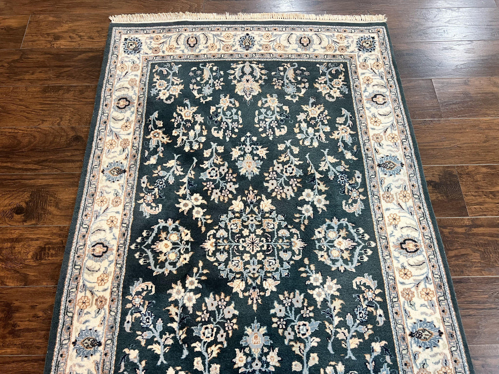 Green Indo Persian Rug 4x6, Floral Allover, Handmade Vintage Oriental Carpet, Sarouk Rug, Wool