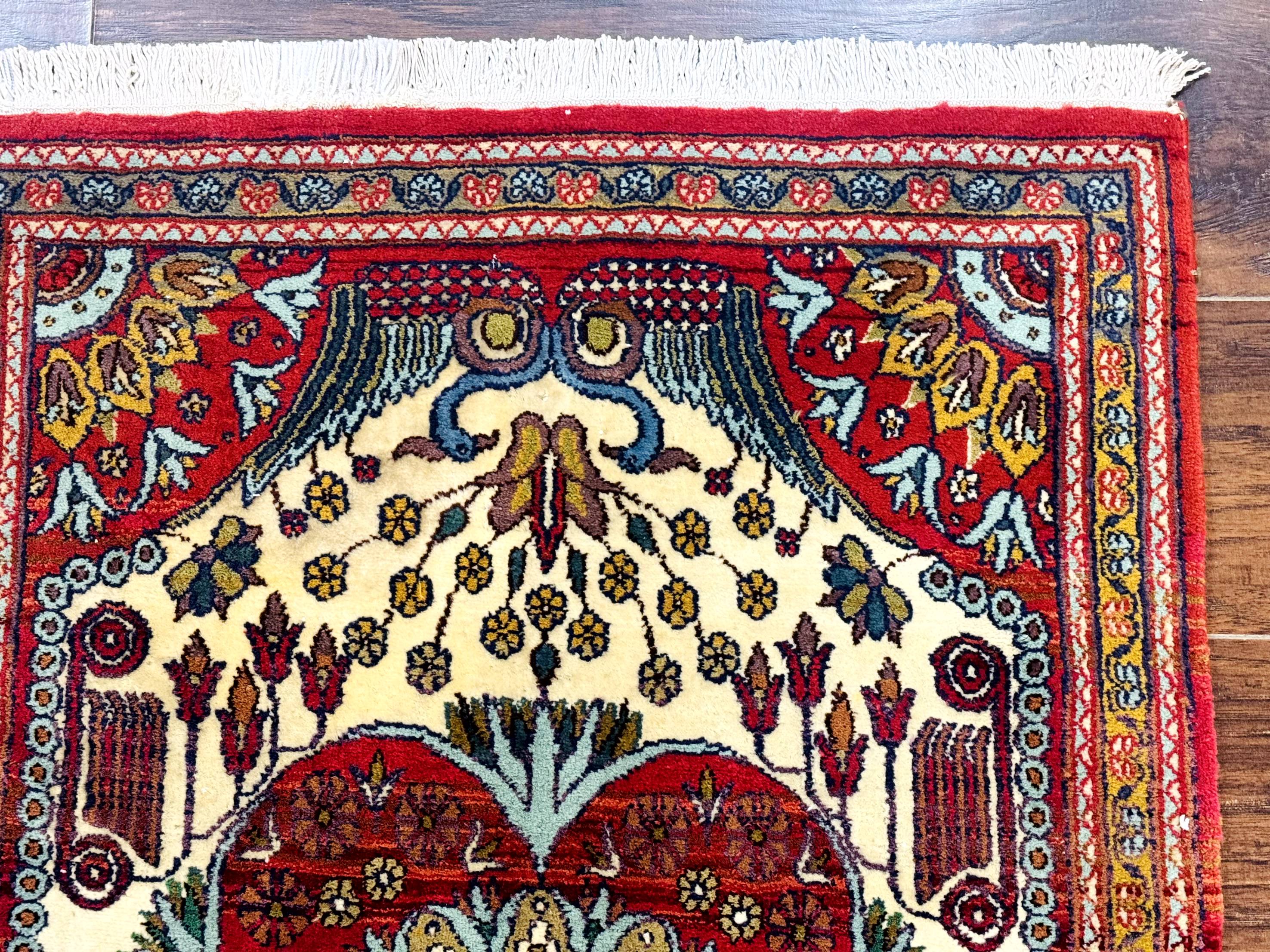 Persian Bijar Rug 2.6 x 4, Antique Carpet, Brick Red and Ivory