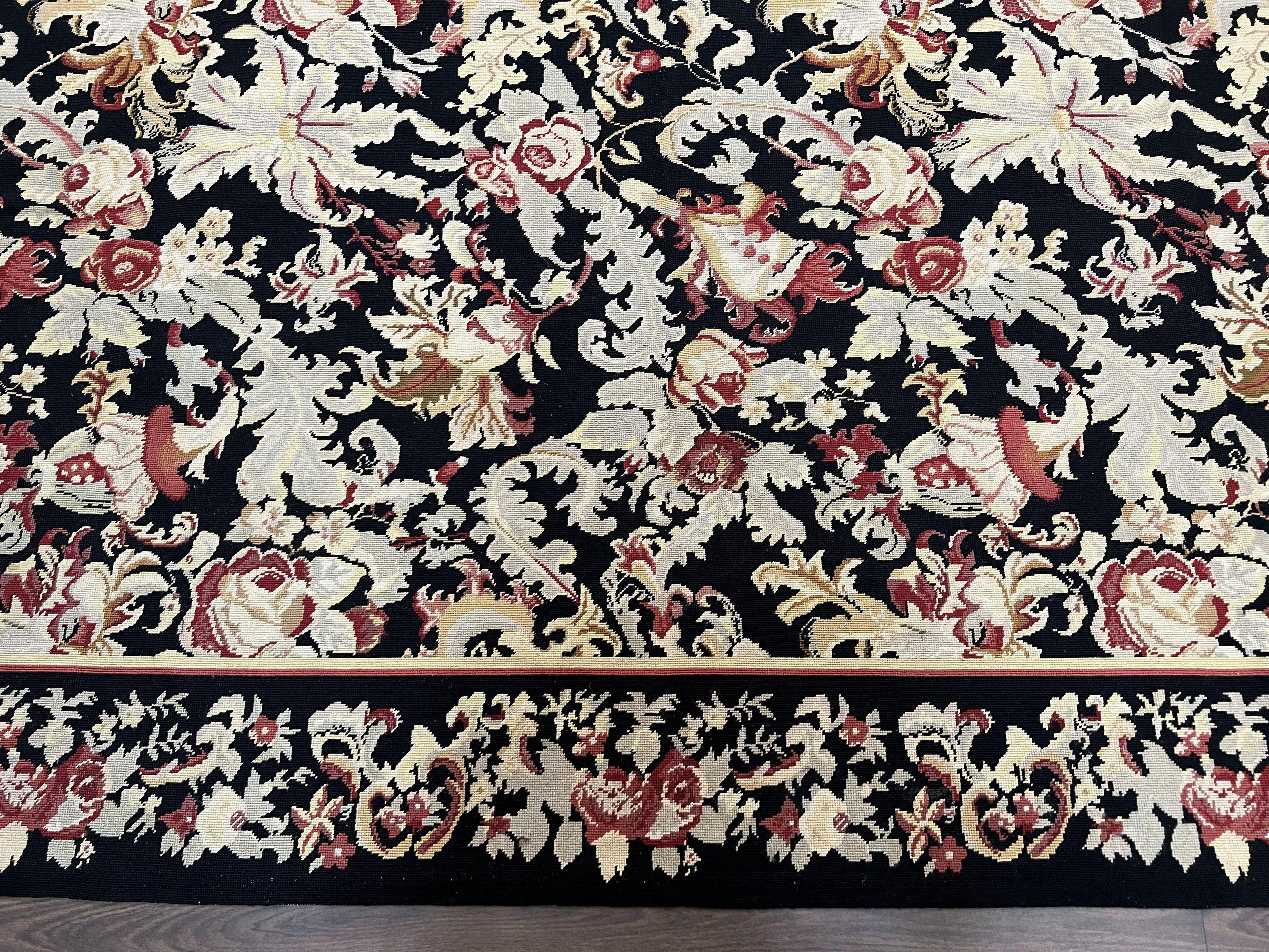 Wool Needlepoint Rug 9x12, William Morris Vintage Chinese Needlepoint Carpet 9 x 12, Handwoven, Allover Floral Area Rug, Black Light Green