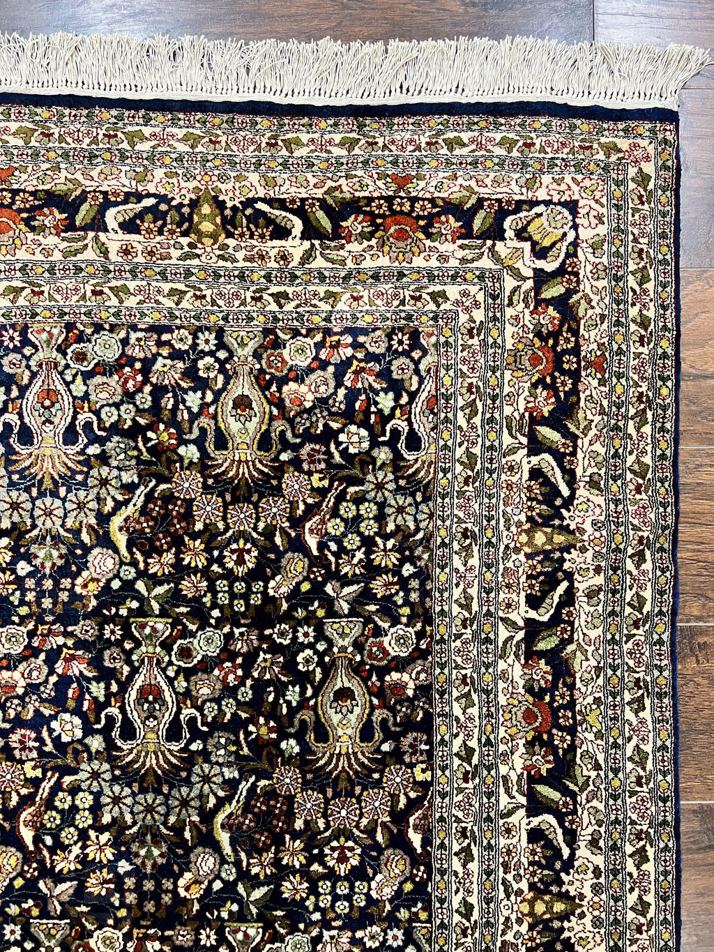 Silk Indian Kashmiri Rug 5x7, Navy Blue Indo Persian Silk Carpet 5 x 7 ft, Hand Knotted Handmade Very Fine Oriental Carpet, 450 KPSI, Birds
