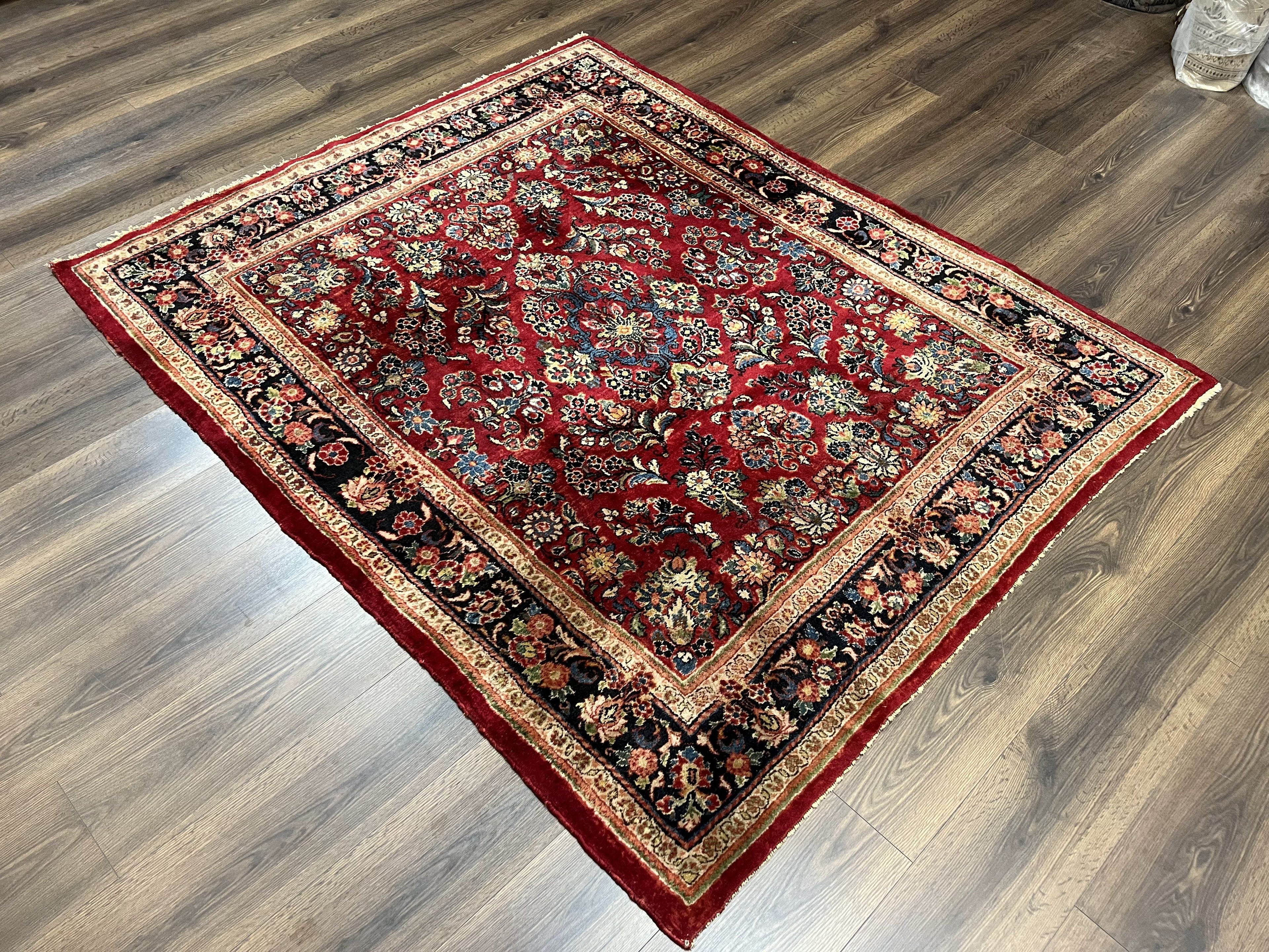 Persian Sarouk Rug 5x6, Hand Knotted Antique 1920s Sarouk, Red Navy Blue