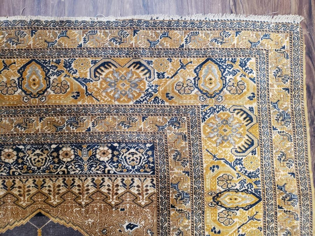 Rare Turkish Ghiordes Prayer Rug 4 x 5.8 ft, Late 19th Century Turkish Oriental Carpet, Mehrab Antique Prayer Rug, Museum Quality, Blue, Tan