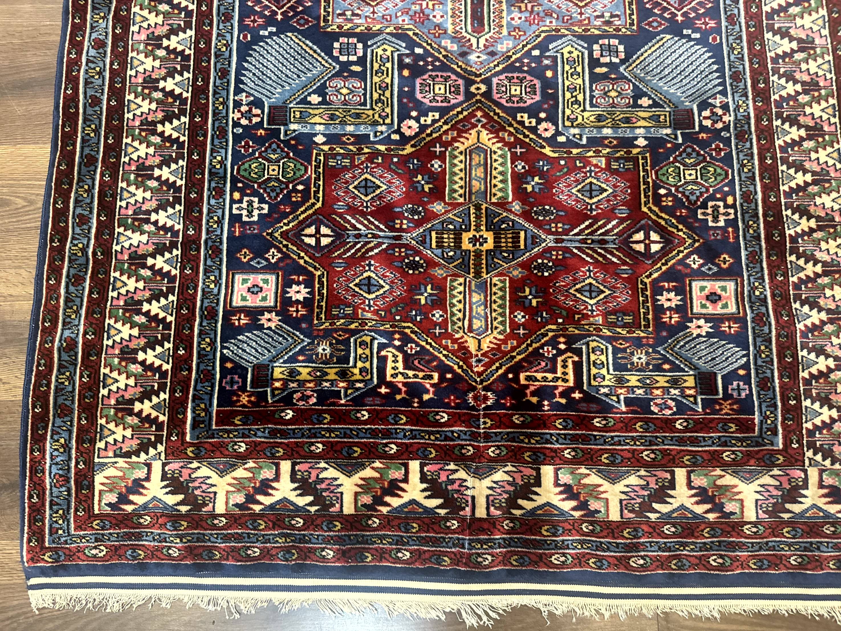 Indian Rug with Caucasian Design, 4x6 Geometric Carpet, Navy Blue and Cream