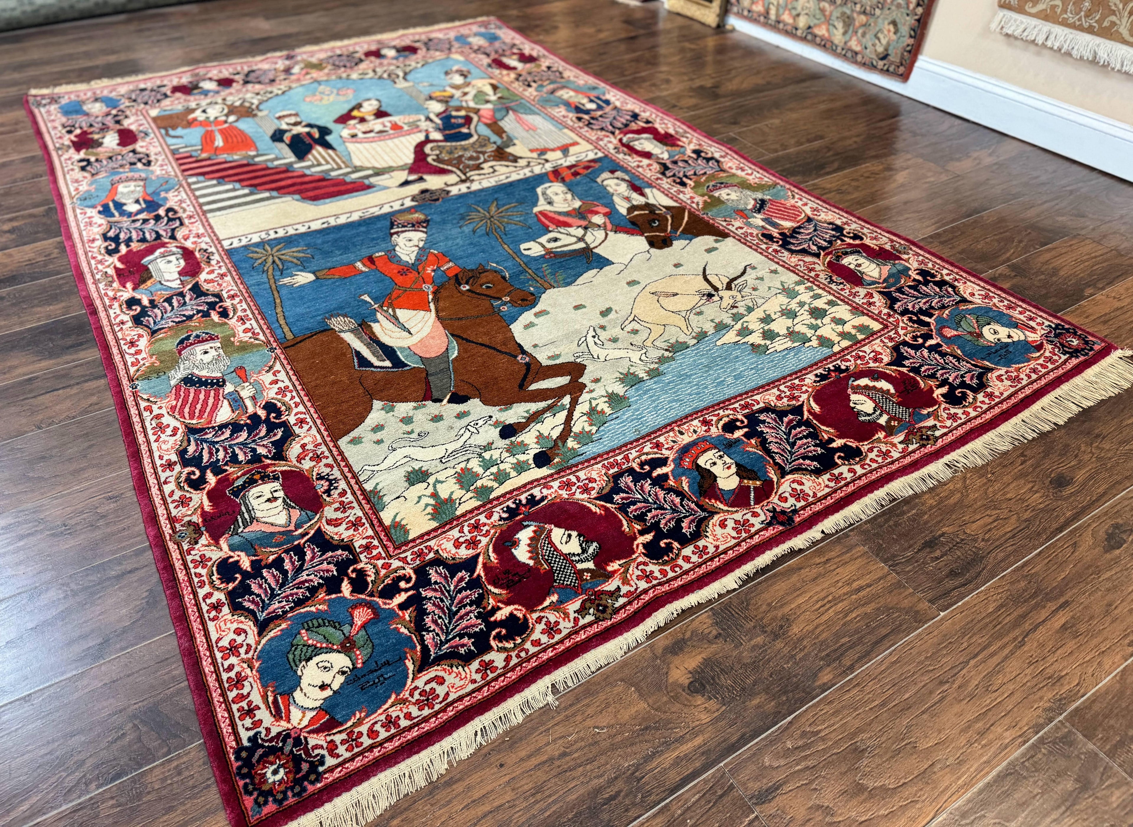 Rare Persian Kashan Pictorial Rug 6x9, King Bahram Hunting Scene, Persian Kings, Hand Knotted Persian Rug for Wall Hanging, Antique, Wool