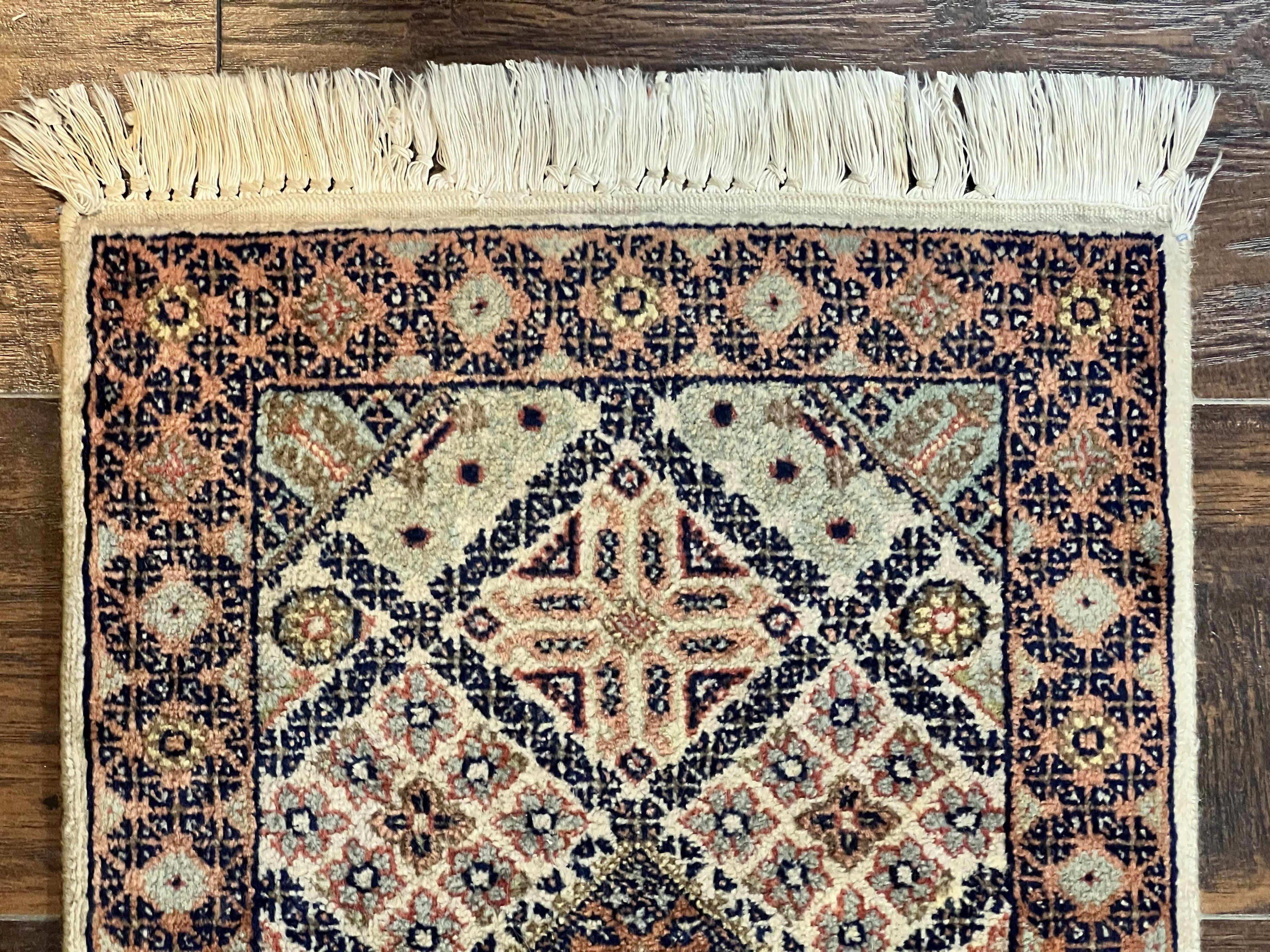 Small Indo Persian Rug 1.5 x 2, Hand Knotted Oriental Carpet, Wool Vintage Handmade, Cream Multicolor, Panel Design