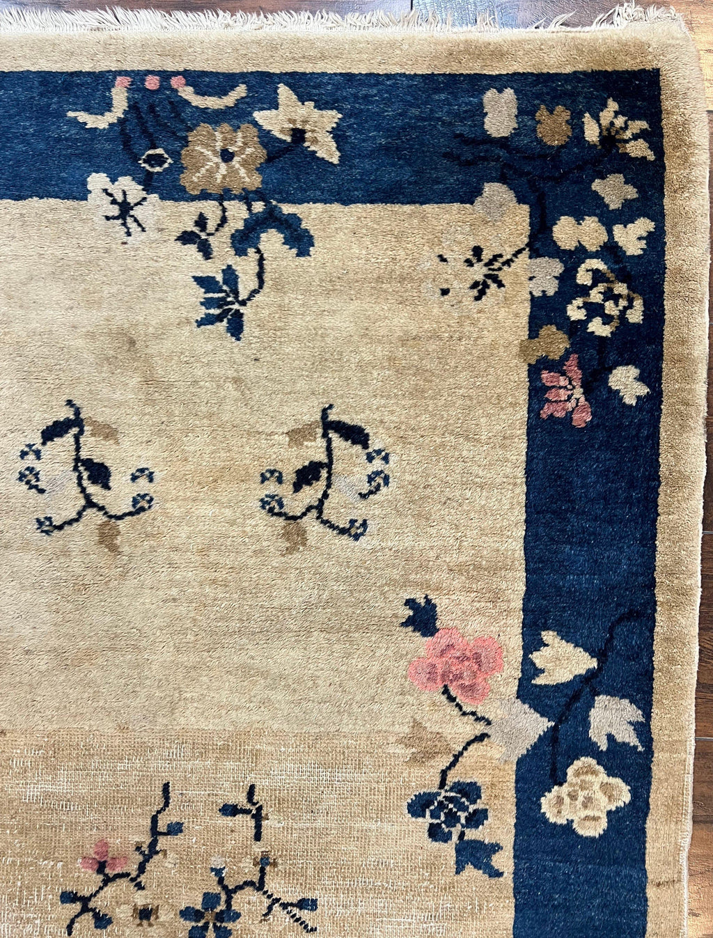 Antique Chinese Peking Rug 3x6, Beige and Dark Blue Hand Knotted Handmade Asian Oriental Carpet, Floral Vases, Vintage Wool Art Deco Rug