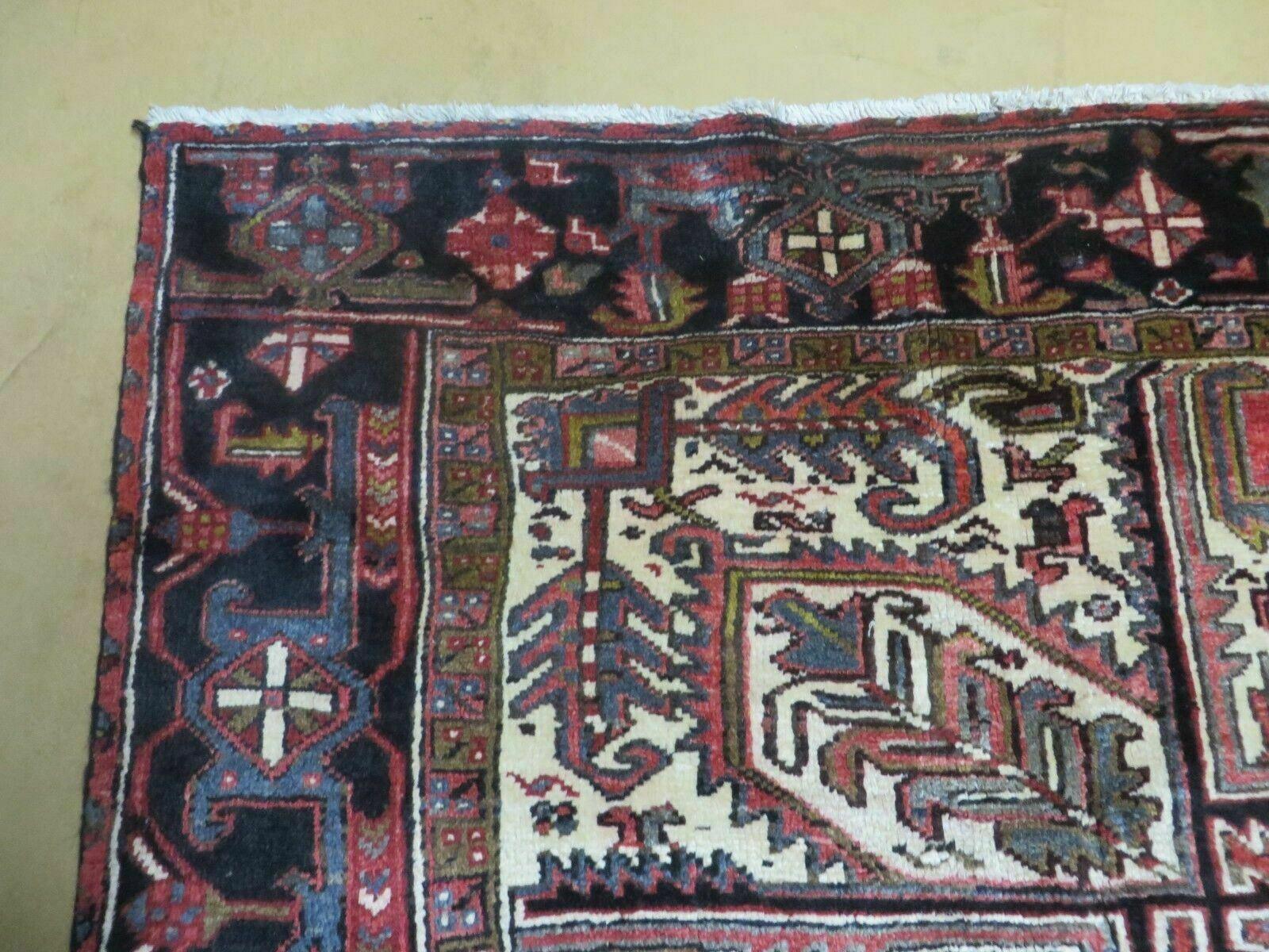 Persian Heriz Rug 8x12 Semi Antique Heriz Carpet, Room Sized Persian Carpet, Geometric Medallion, Wool, Hand Knotted, Red Ivory Dark Blue