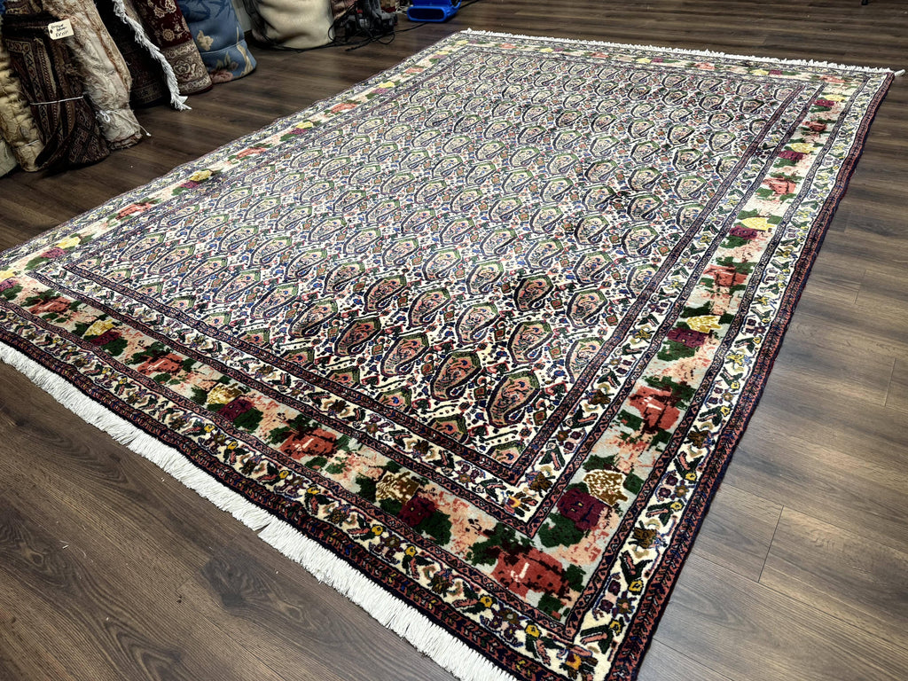 Persian Kurdish Rug 8x11, Repeated Allover Boteh Paisley Design, Bird Pictorials, Rare Antique Sannadaji Carpet