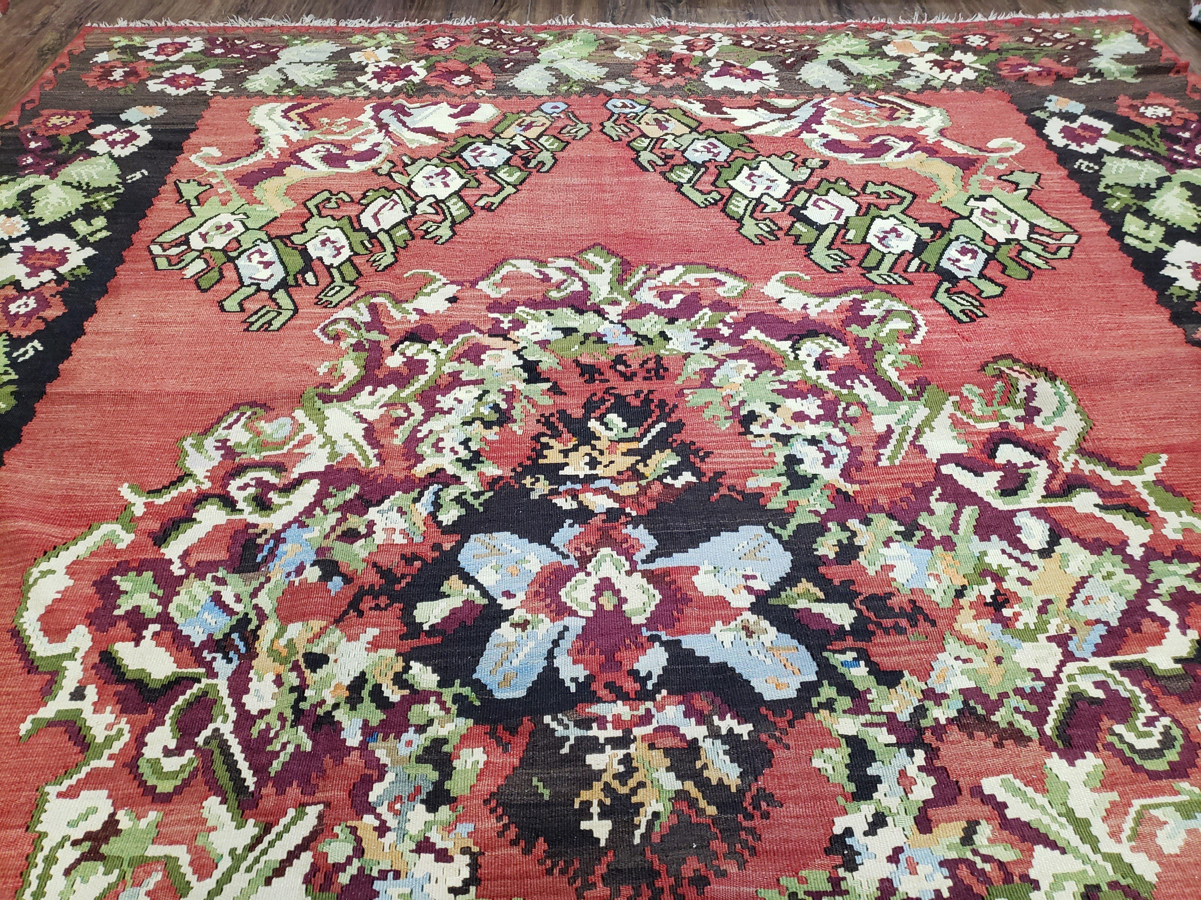 Karabakh Rug 8x11, Caucasian Kilim Rug, Vintage Antique Turkish Anatolian Azerbaijani Carpet, Wool Red & Black Hand-Woven 8 x 11 Living Room