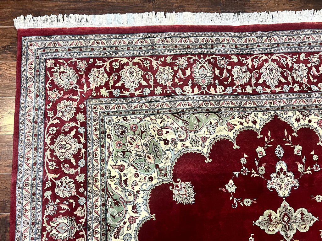 Pak Persian Rug 9x12, Handmade Vintage Traditional Wool Carpet, Floral Medallion, Dark Red Ivory/Cream, Fine 250 KPSI