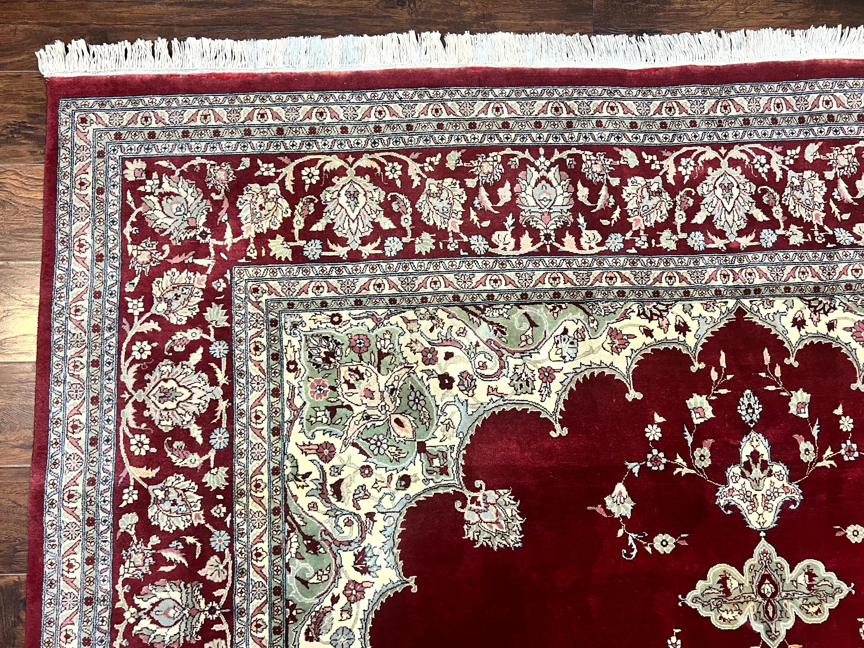 Pak Persian Rug 9x12, Handmade Vintage Traditional Wool Carpet, Floral Medallion, Dark Red Ivory/Cream, Fine 250 KPSI