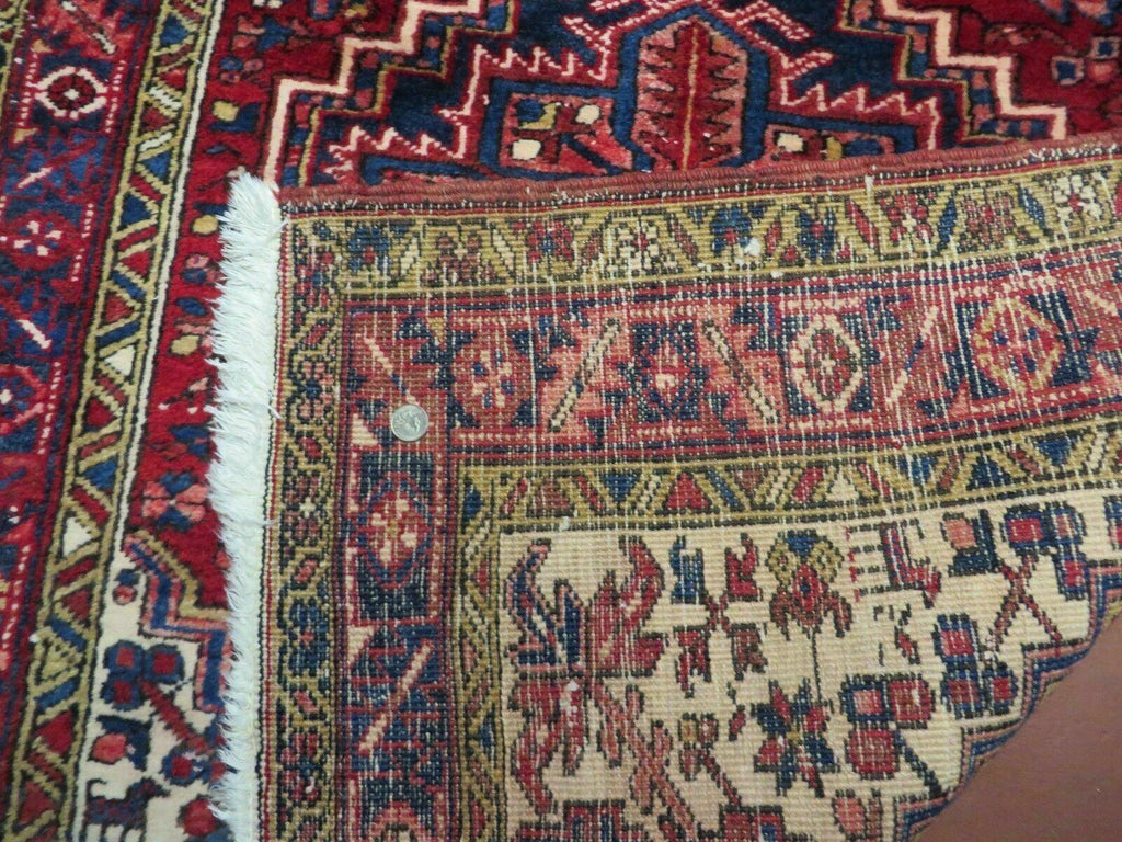 Persian Runner Rug, Heriz Runner Rug, Geometric Medallions, Red Cream Navy Blue Wool Hallway Rug 3.9 x 10.8 Antique Oriental Runner Handmade