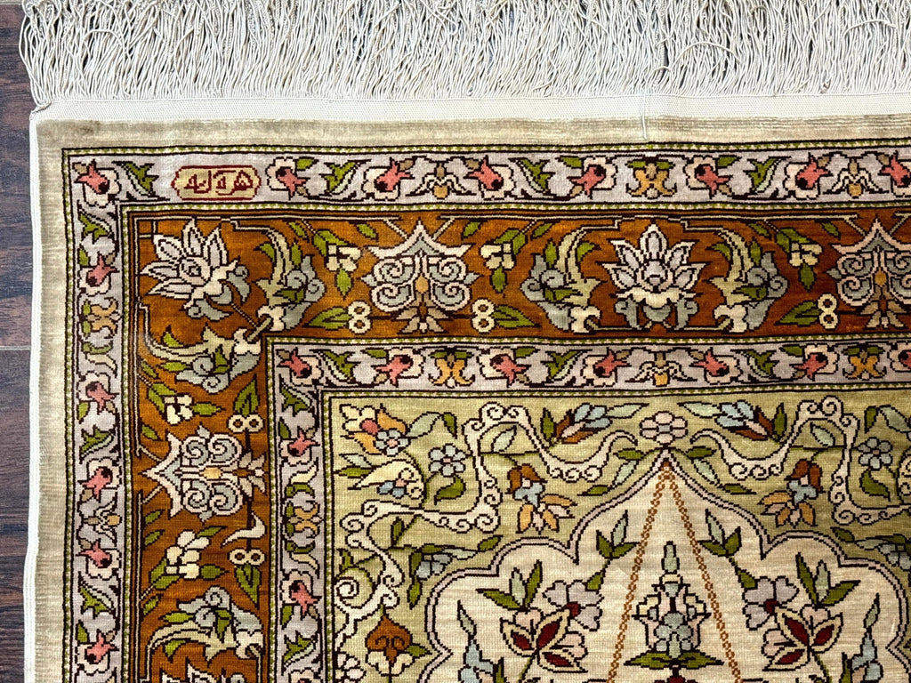 Silk Turkish Hereke Rug 2x3, Birds Lantern Very Fine 400 KPSI, Signed by Masterweaver, Wonderful, Rare, Small Hereke Rug